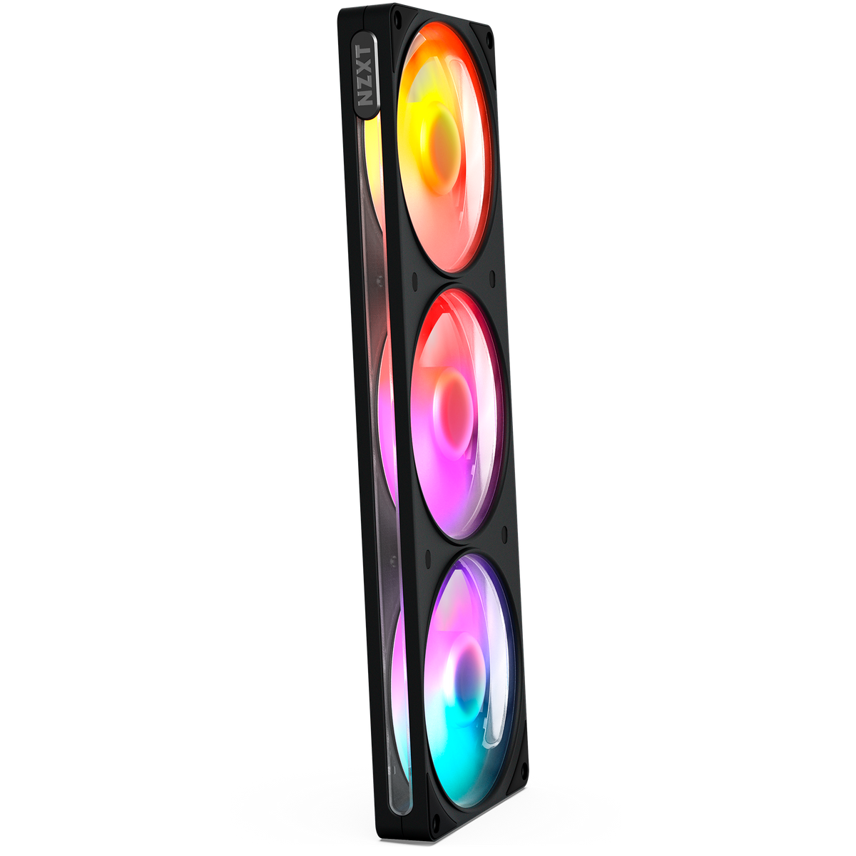 NZXT F360 RGB black three-pack, front view with RGB lighting