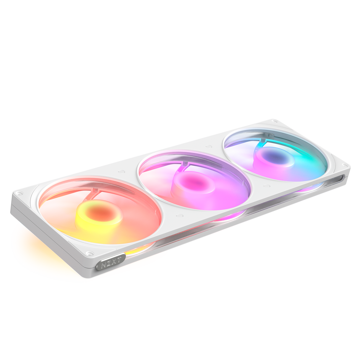 NZXT F420 RGB white three-pack, angled view