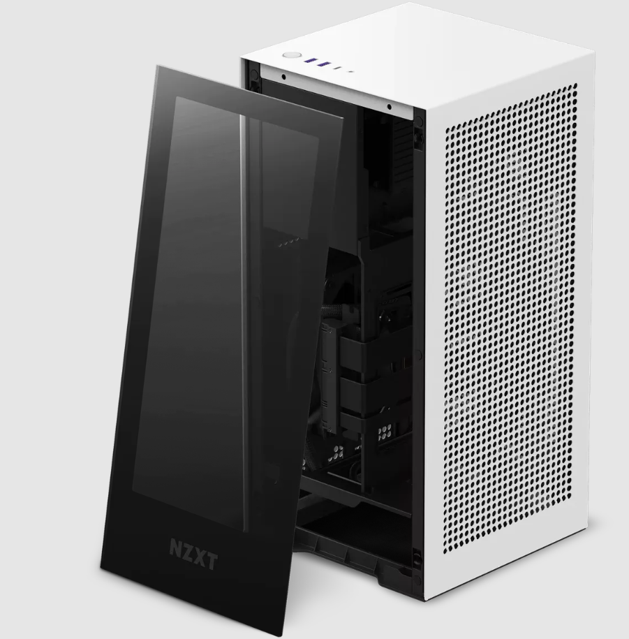 A white NZXT computer case features the NZXT H1 Refresh Front Panel (Tempered Glass) with a black tint, partially open to show internal components inside.