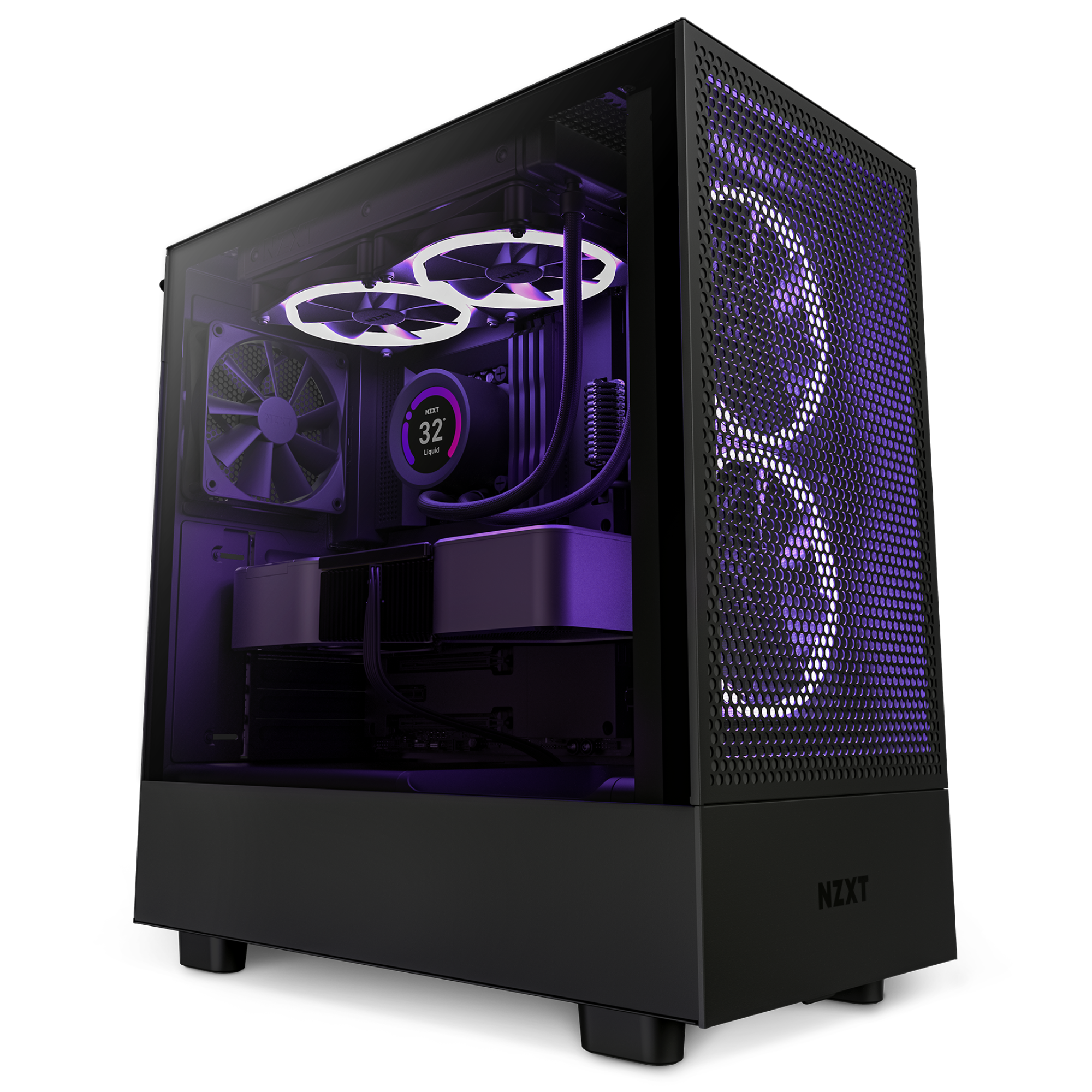 The NZXT H5 Flow (2022) in black features a transparent side panel, RGB fans, visible components, and a purple-lit digital temperature display for optimized thermal performance.
