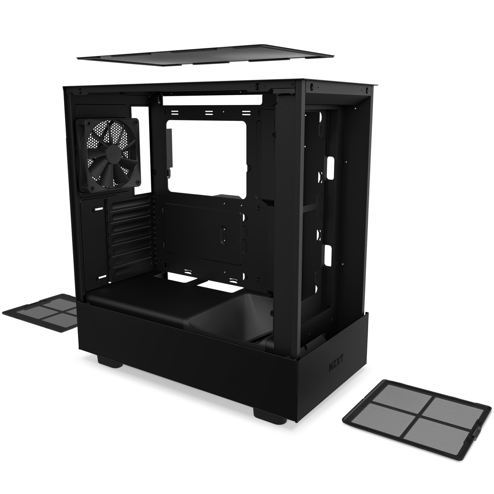 A black NZXT H5 Flow (2022) computer case with its side, top, and front panels removed displays the interior frame, cooling fan, motherboard compartment, and efficient cable management for improved airflow.