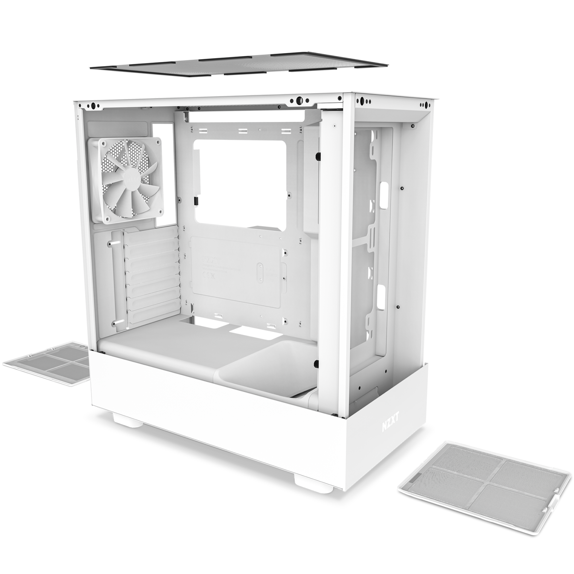 The NZXT H5 Flow (2022) case in white features an open side panel showing internal slots, a rear fan, and removable dust filters. The detached top panel highlights optimized thermal performance and intuitive cable management.