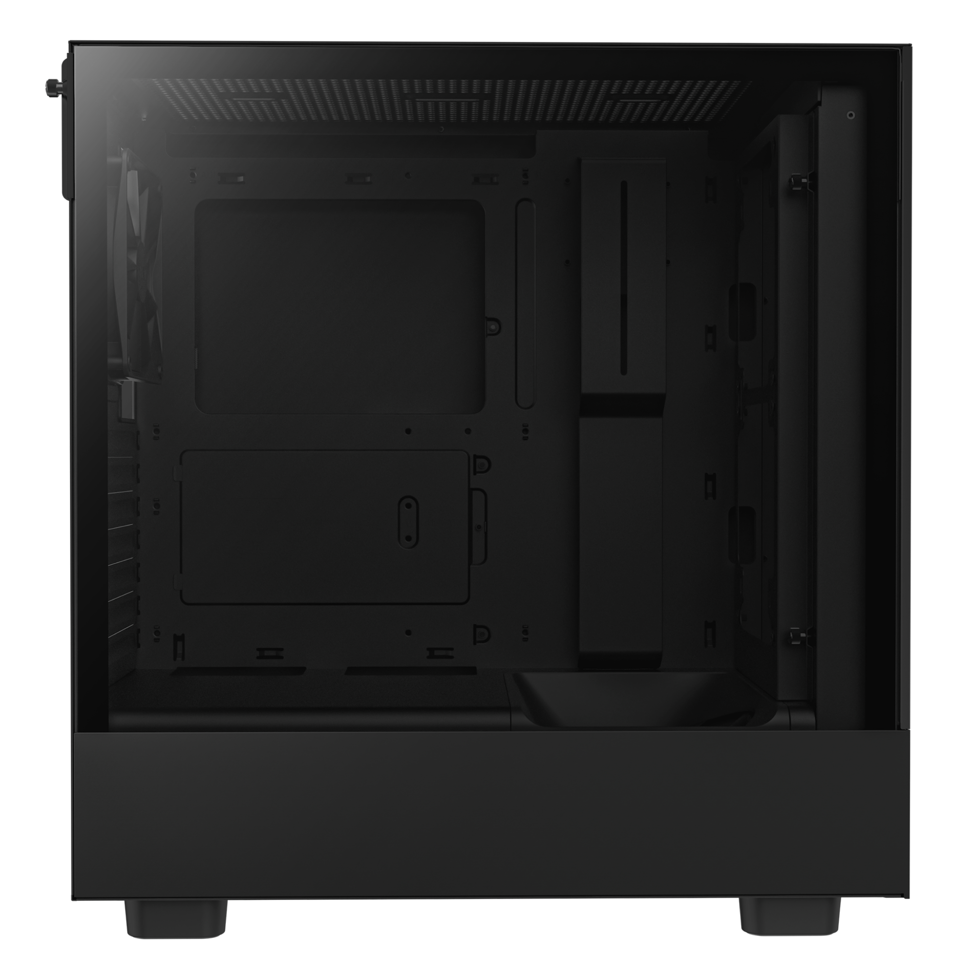 The NZXT H5 Flow (2022) is a black, empty PC case with its transparent side panel removed, revealing the interior frame, advanced cable management slots, and optimized fan mount areas for superior airflow.