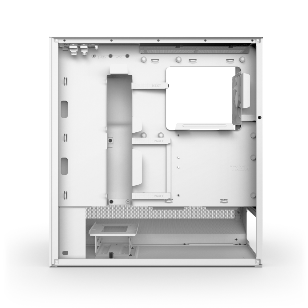 The NZXT H5 Flow RGB is a white, minimalist computer case with side viewing, showcasing internal compartments, cable management routes, hardware mounting points, and optimized airflow for efficient cooling.