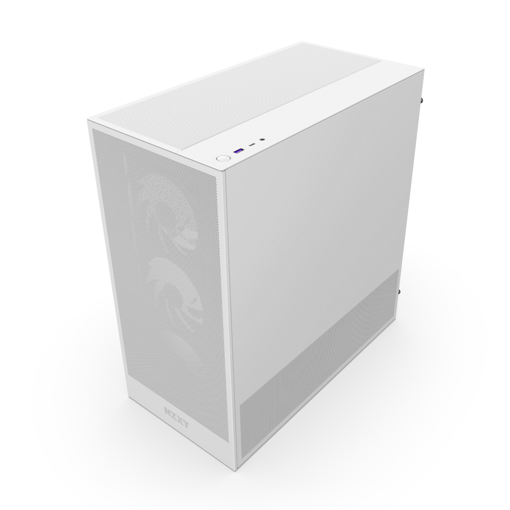 The NZXT H5 Flow RGB computer case is shown in white, angled from above, with a mesh front panel for airflow, visible cooling fans with RGB lighting inside, and a minimalist design featuring power and USB ports on the top edge.