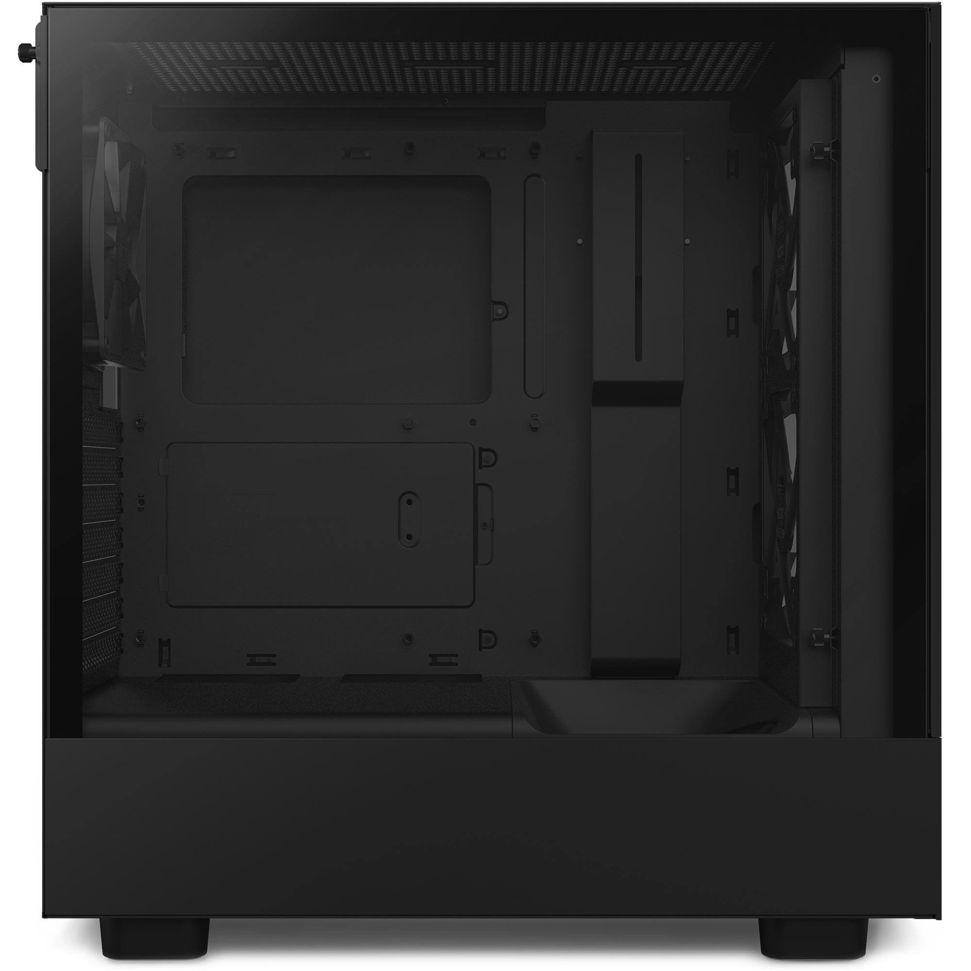 The NZXT Refurbished Player Two Base - #8413 is a black, empty case with a transparent side panel, internal mounting brackets, fan slots, cable management channels, and 2-year warranty support—ideal for custom desktops or gaming PC upgrades.