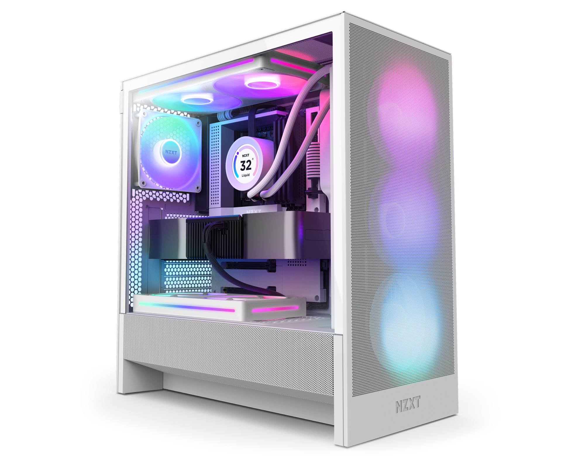 A white NZXT gaming PC case with RGB lighting, visible cooling fans, liquid cooling system, and LED components inside, emitting colorful purple, pink, and blue lights.
