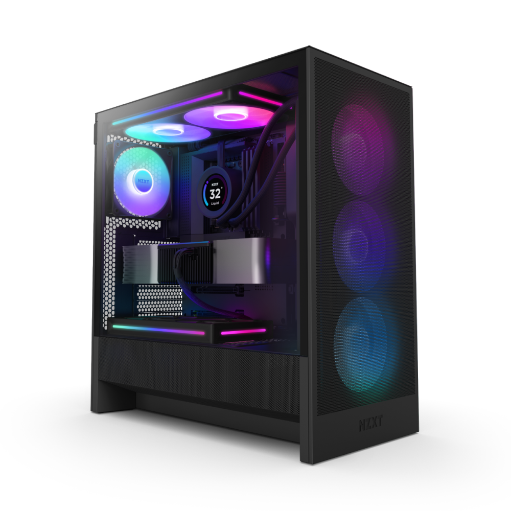 The NZXT H5 Flow RGB is a modern black desktop gaming PC case featuring a transparent side panel, enhanced airflow, and vibrant RGB lighting on its fans, cooling system, and interior components.