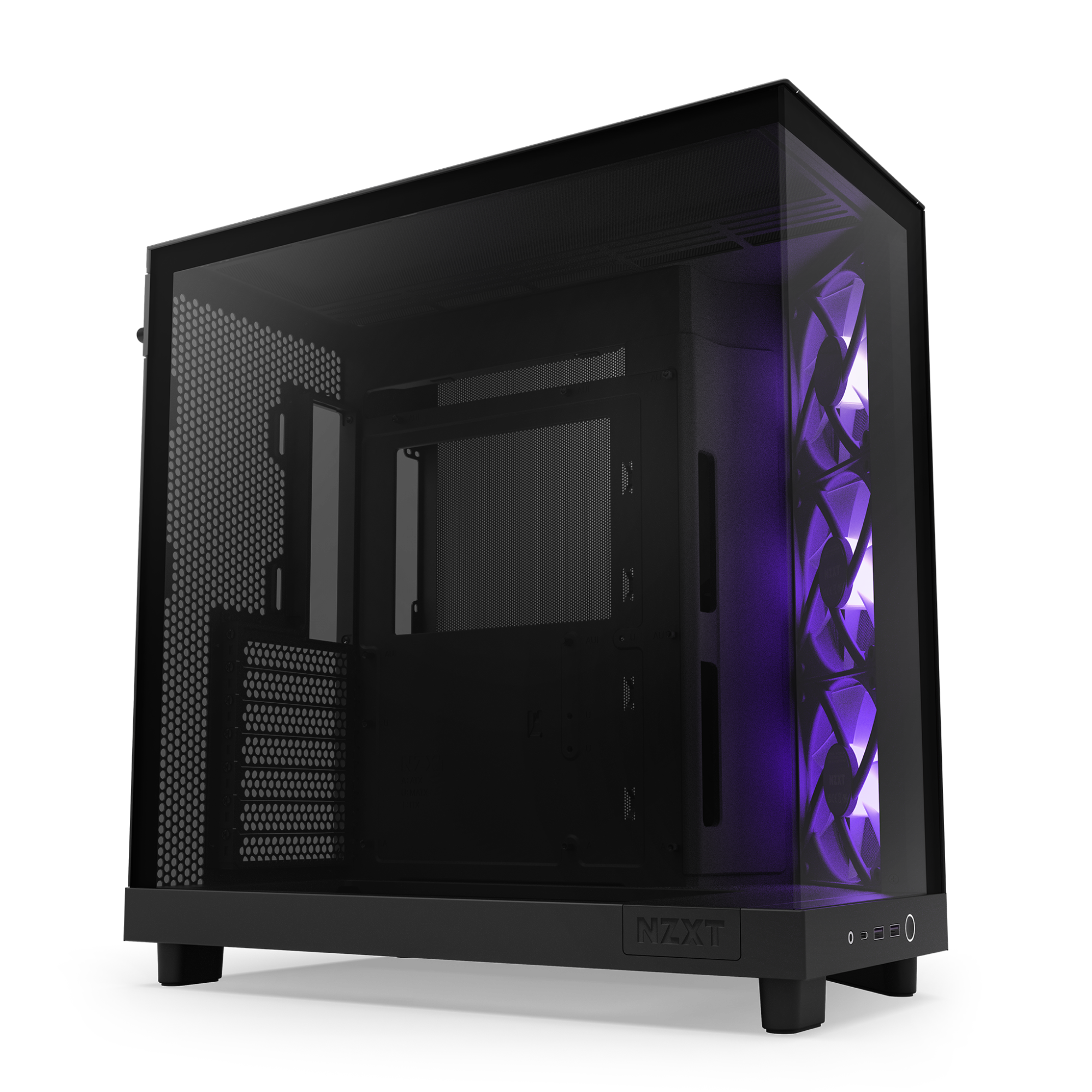 The NZXT H6 Flow RGB computer case features a transparent side panel that reveals three internal cooling fans with purple RGB lighting, offering both enhanced GPU cooling and a stylish showcase for your build.