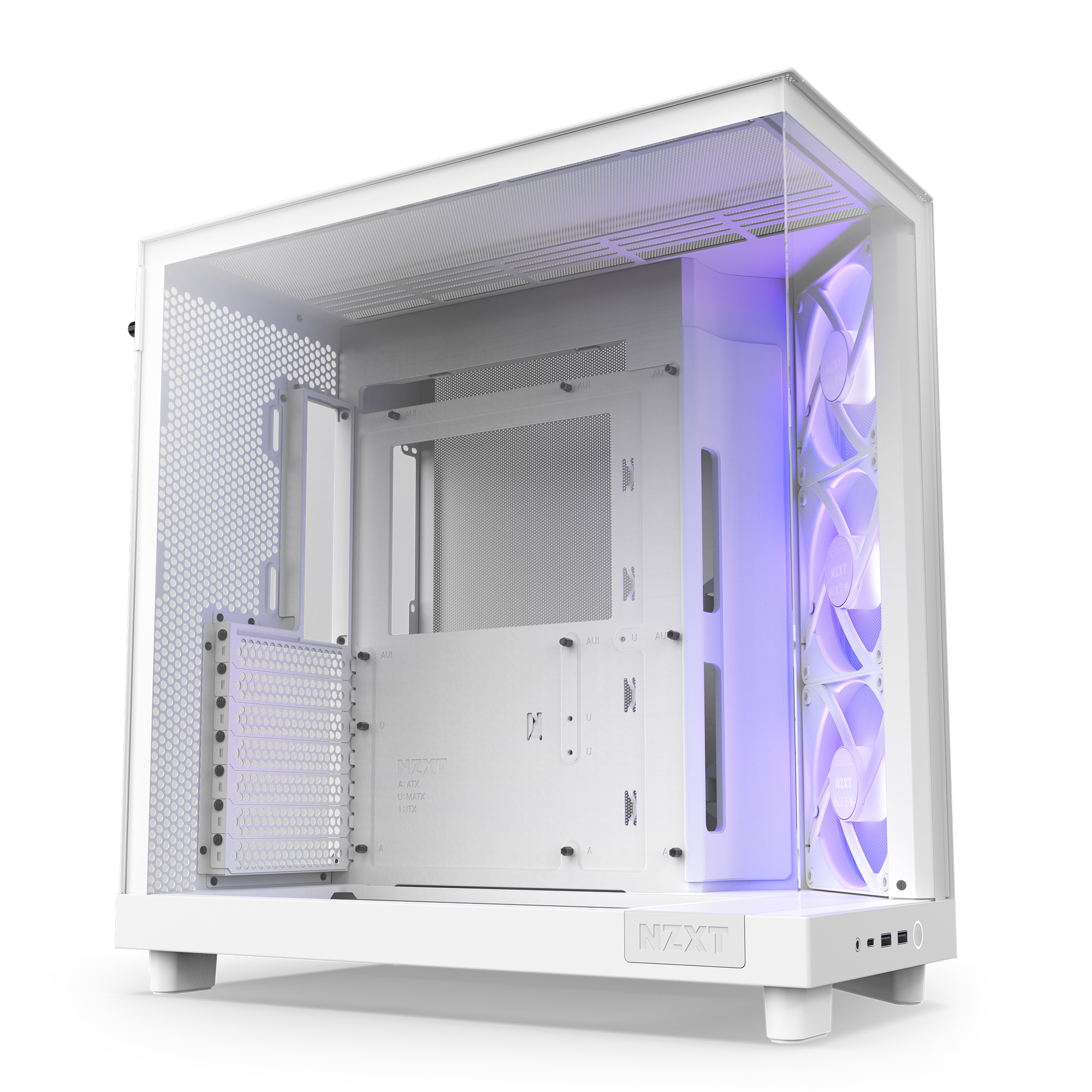 The NZXT H6 Flow RGB is a white PC case with a transparent side panel, three front RGB fans, and a visible dual-chamber design shown empty against a black background. Multiple slots support easy component installation.