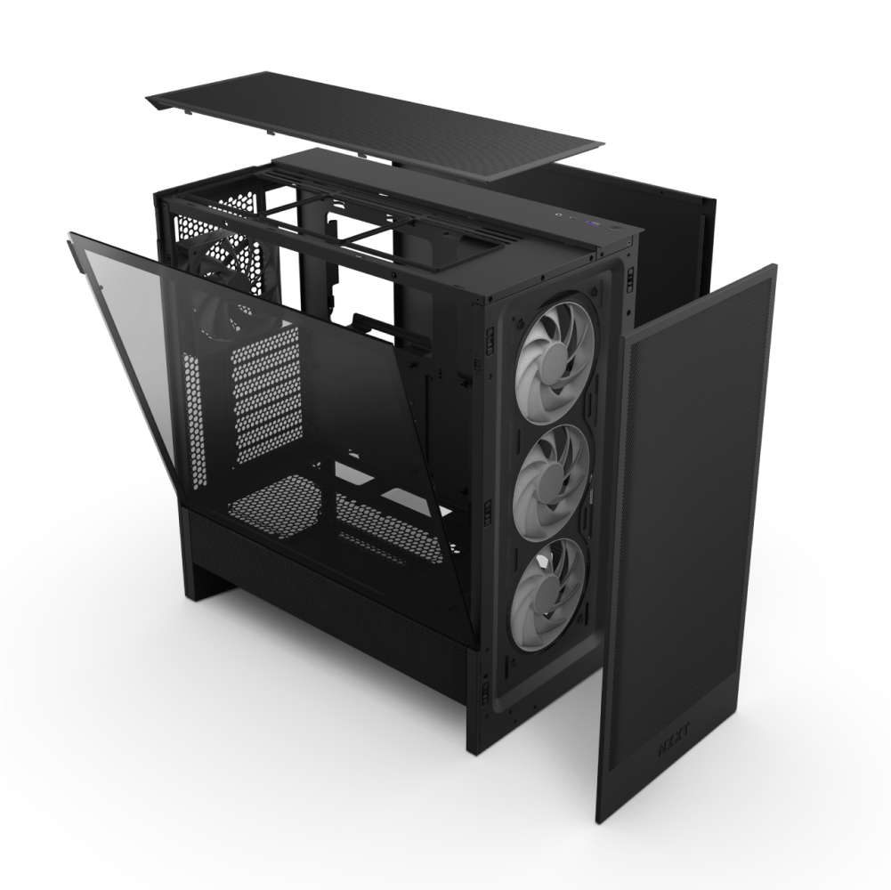 The NZXT H5 Flow RGB is a black computer case featuring an exploded view with removable panels, three front-mounted RGB cooling fans for better airflow, and a transparent side panel.