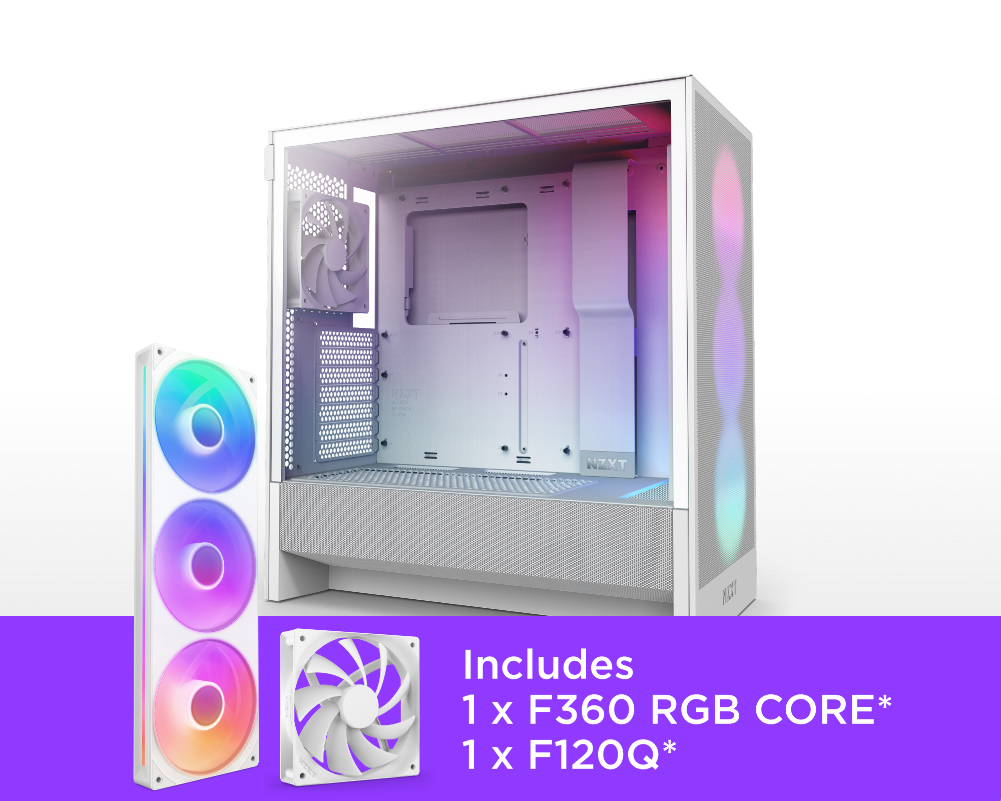 A white PC case with RGB lighting is displayed, accompanied by an additional F360 RGB fan and a F120Q fan. Text below lists: Includes 1 x F360 RGB CORE, 1 x F120Q. The background is light with a purple accent.