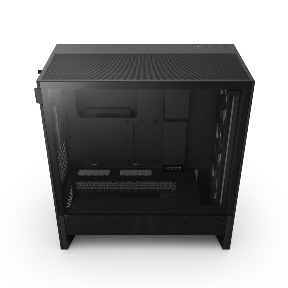 The NZXT H5 Flow RGB is a black computer case with a transparent side panel, featuring an empty interior designed for optimal airflow, slots for components, and pre-installed front RGB fans.