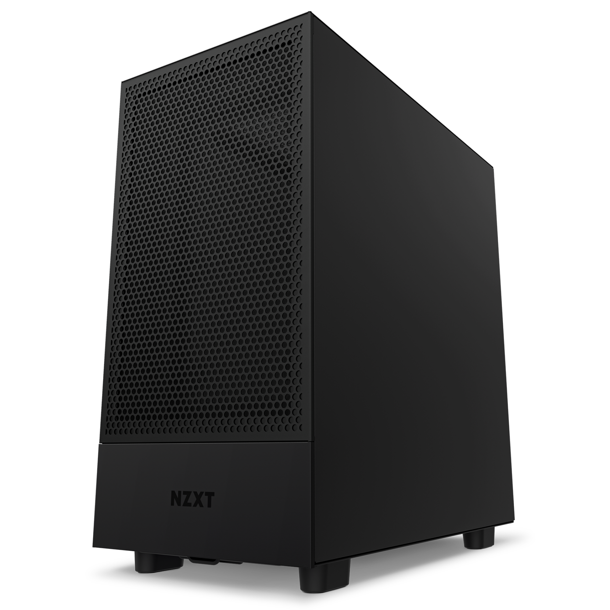 A black NZXT H5 Flow (2022) case with minimalist design and a perforated front panel for thermal performance, featuring the NZXT logo near the bottom, shown from a low front angle.