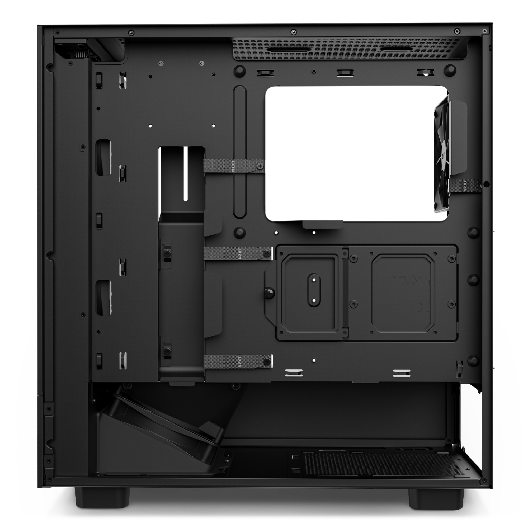 The NZXT H5 Flow (2022) is a black, empty PC case with an open side panel, intuitive cable management straps, internal mounting points, and slots for drives and cooling fans for optimized thermal performance.