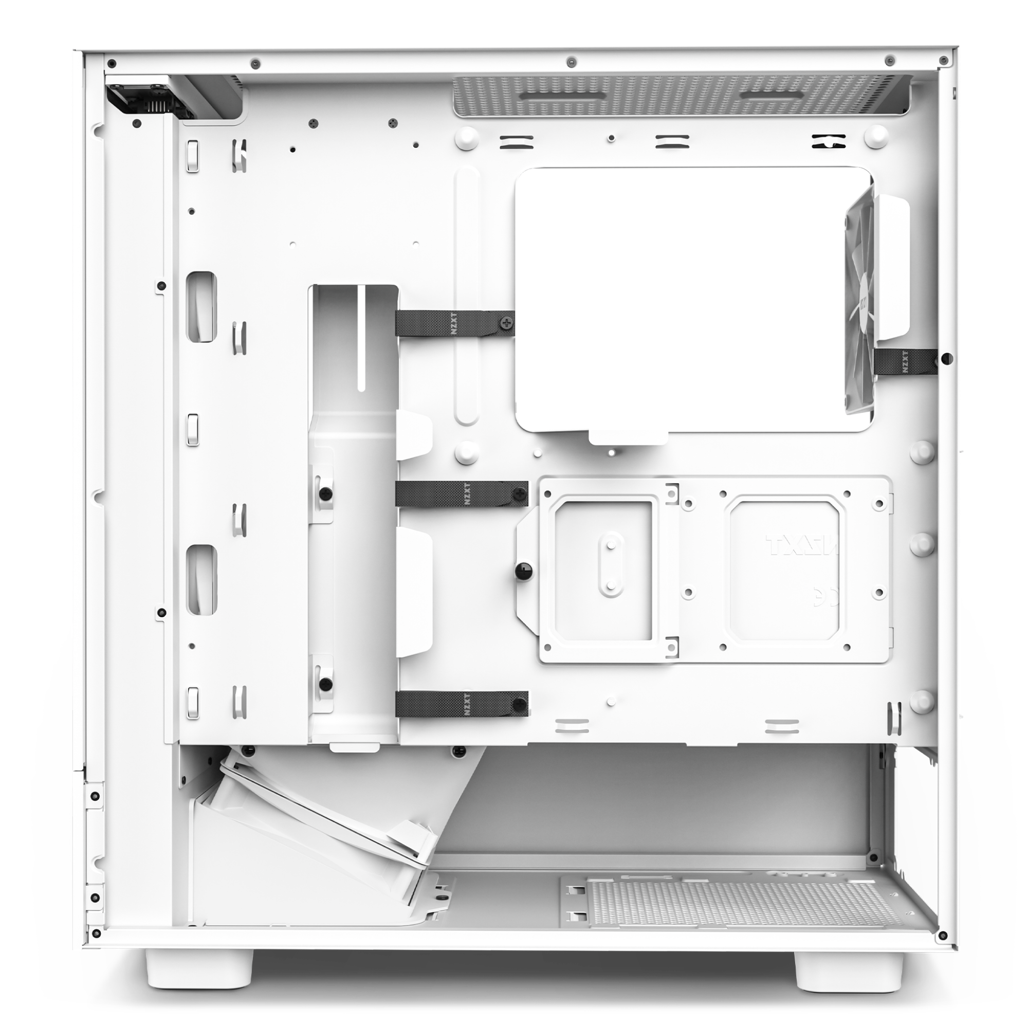 The NZXT H5 Flow (2022) is a white PC case with an open side panel, featuring organized cable straps, spacious component mounts, and optimized internal airflow for superior thermal performance.