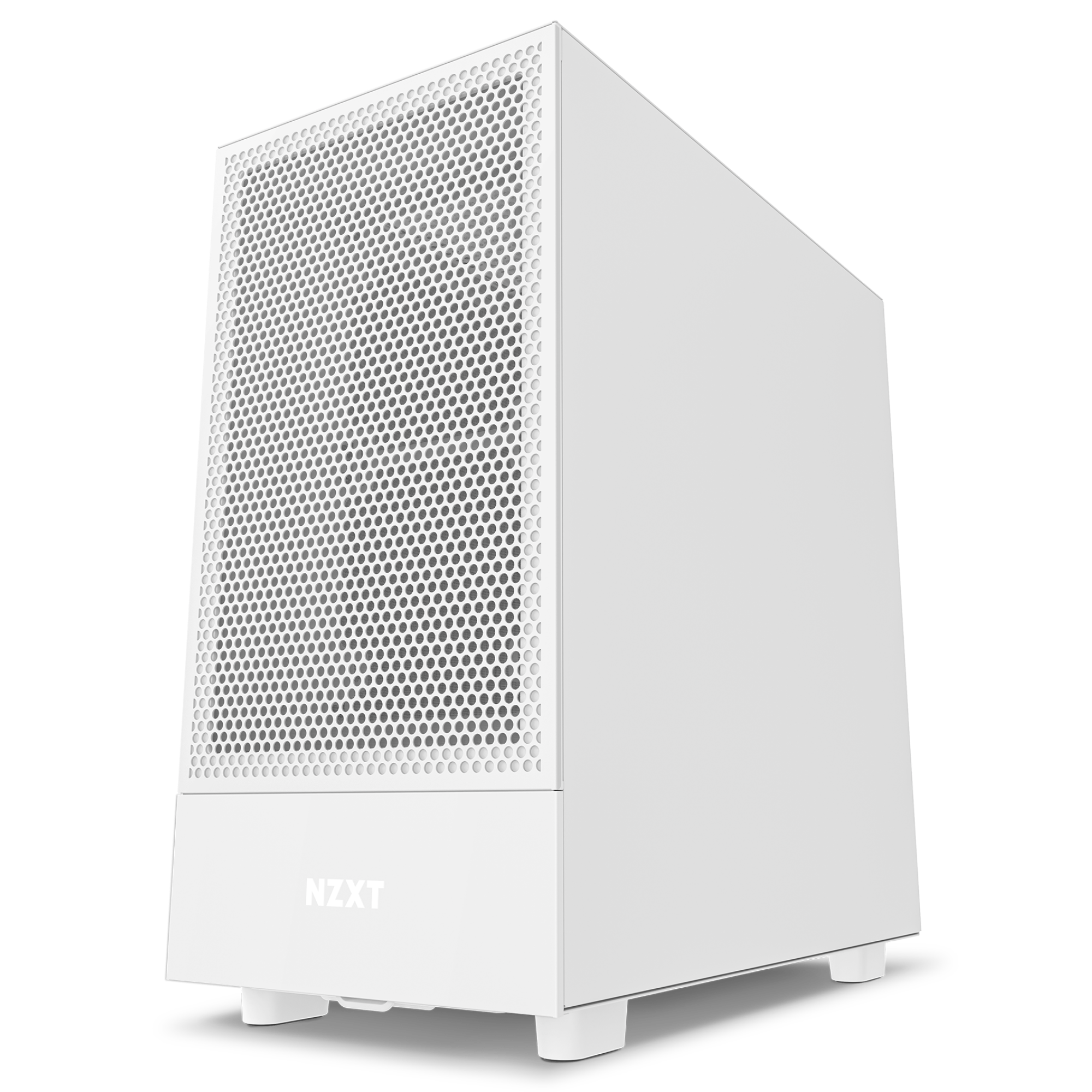 The NZXT H5 Flow (2022) is a white computer tower case with a mesh front panel and four small feet, designed for optimized thermal performance.