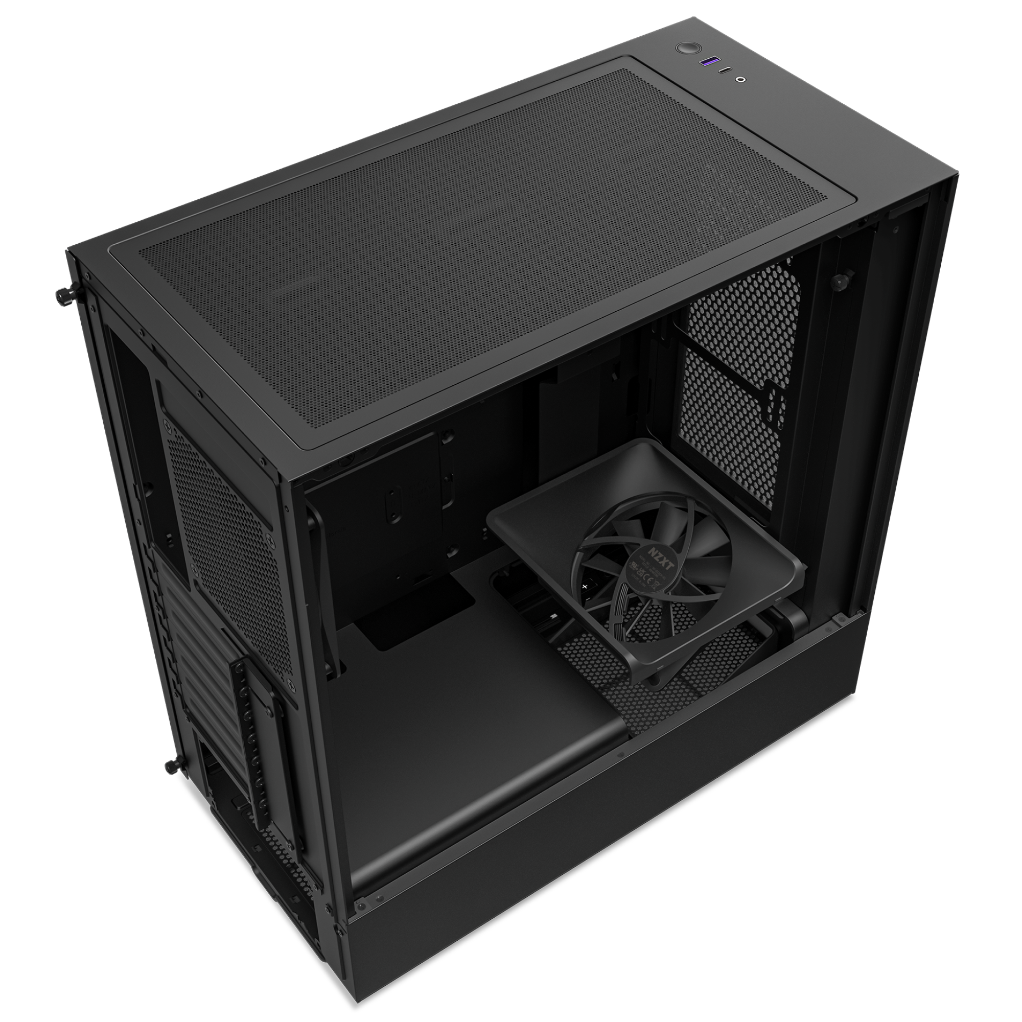 The NZXT H5 Flow (2022) is a black PC case with a mesh top panel for better cooling, a pre-installed rear fan, convenient top-front ports and power button, and spacious interior for easy cable management.