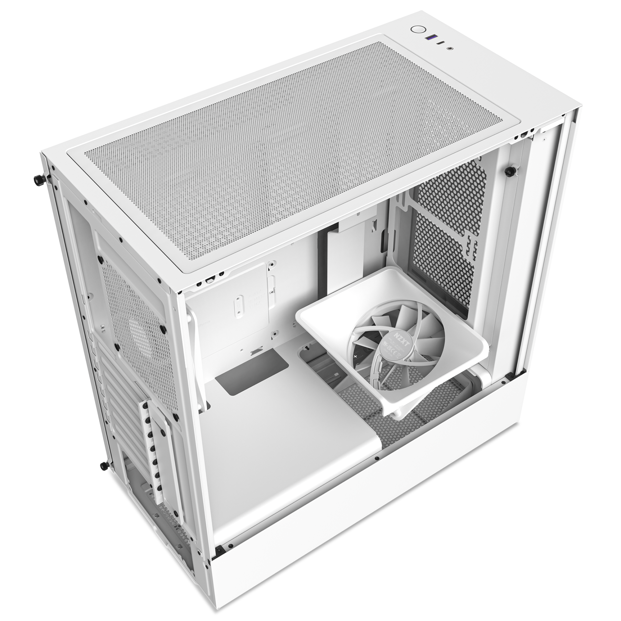 The NZXT H5 Flow (2022) is a white PC case shown with its side panel removed, revealing internal compartments, a horizontally mounted cooling fan, and multiple ventilation grilles on the top and back for optimized airflow.