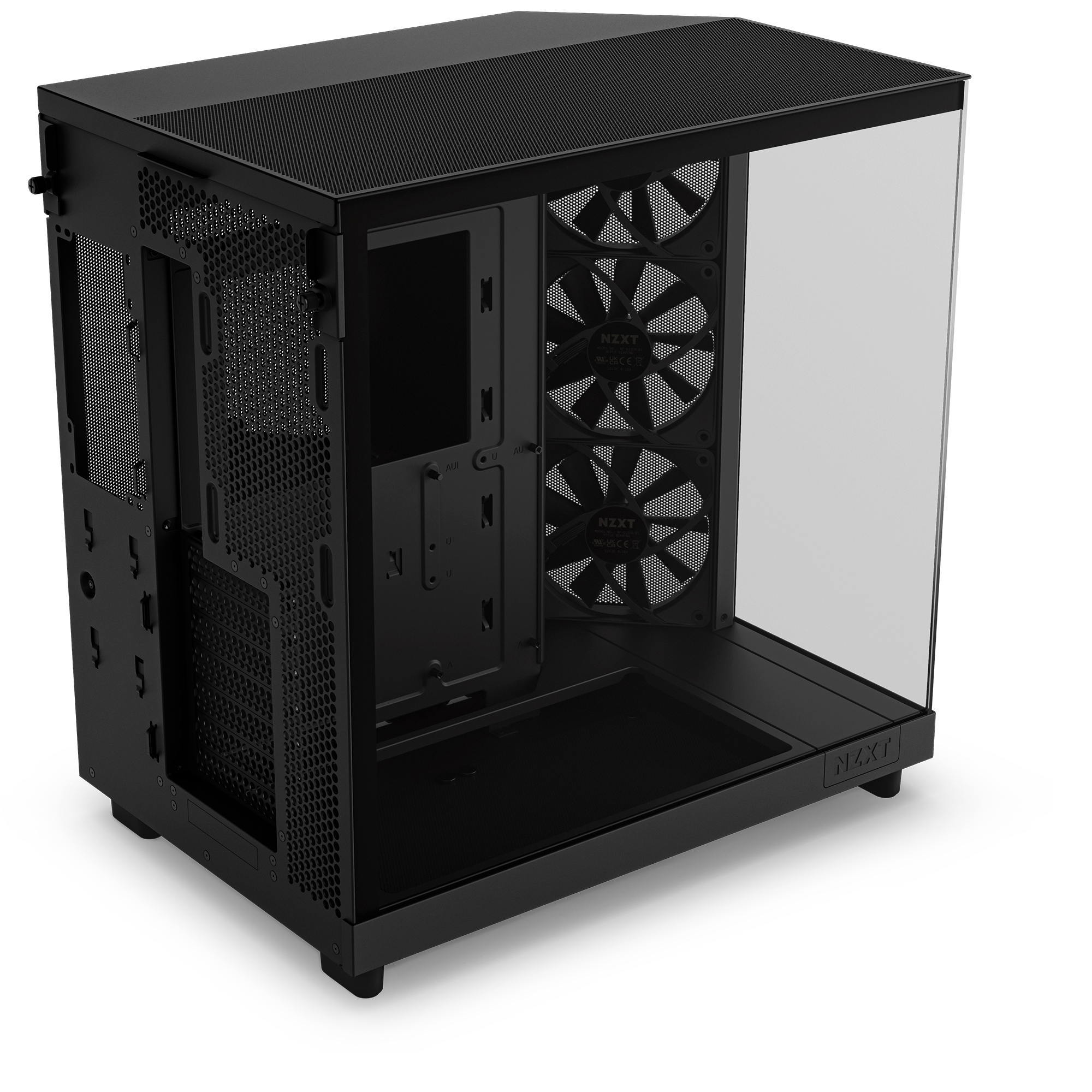 The NZXT H6 Flow is a black computer case featuring a panoramic glass side panel, three front-mounted vertical cooling fans, and a spacious interior designed for optimal GPU cooling.
