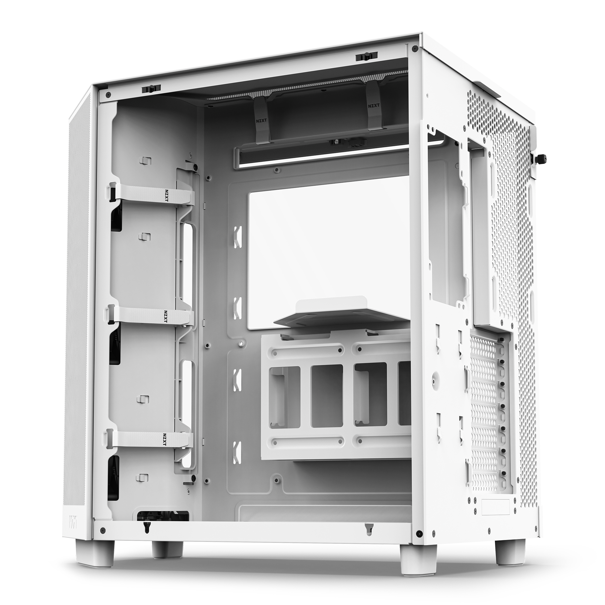 The NZXT H6 Flow RGB is a white PC case with a transparent side panel, open front, and visible drive bays, featuring cable management cutouts, ventilation grilles, GPU cooling space, and a clean interior ready for hardware and RGB lighting upgrades.
