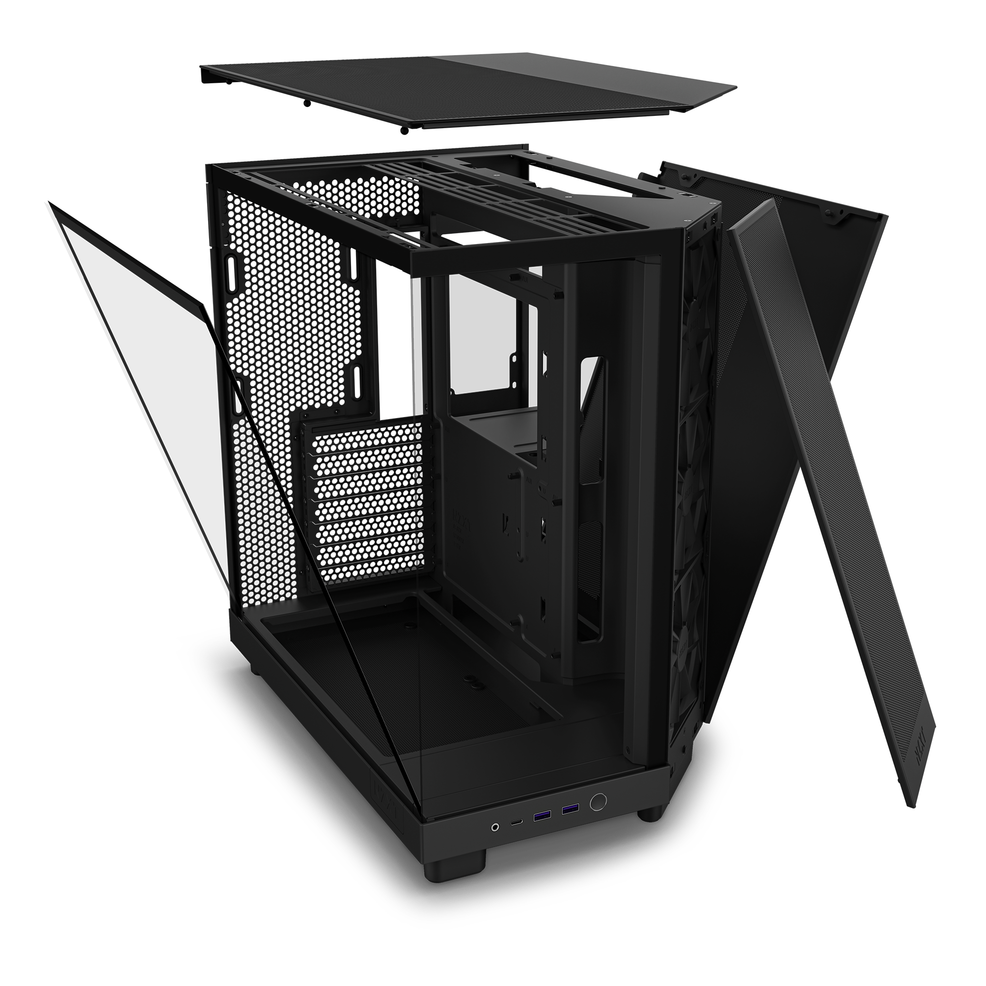 The NZXT H6 Flow is a black, empty computer case with removed panels, showcasing its spacious dual-chamber frame, drive bays, cable management features, front USB ports, and a power button at the bottom front.