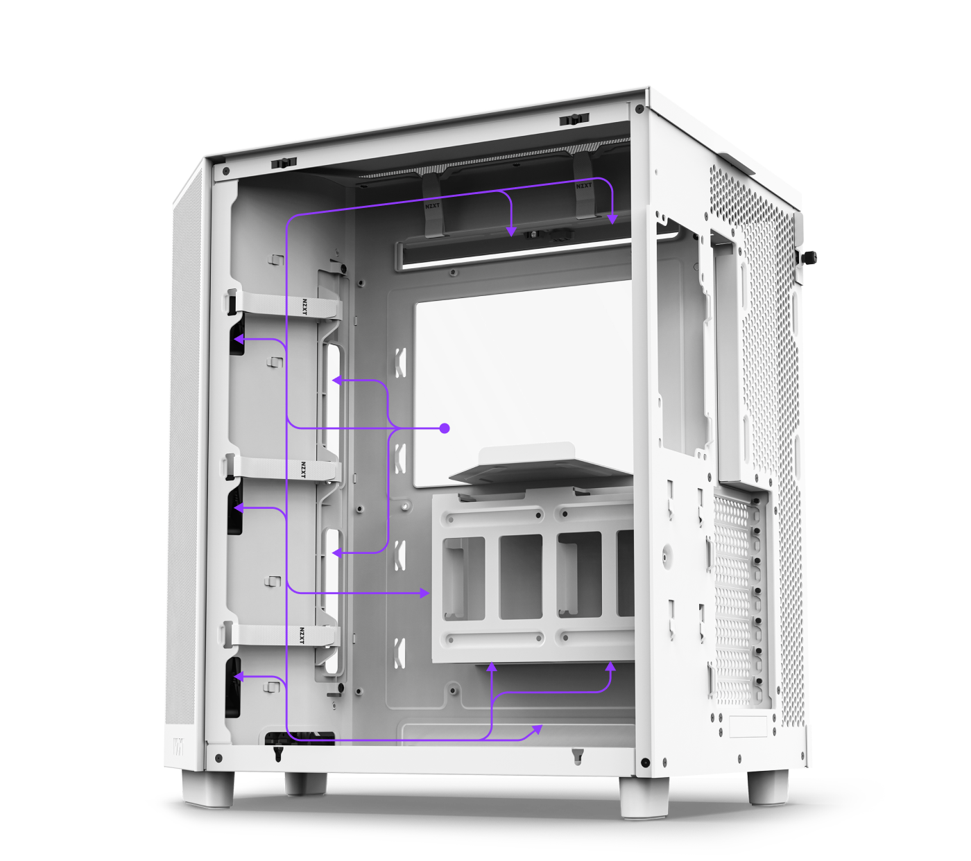 A white computer case with a transparent side panel, showing internal compartments and a purple diagram illustrating possible cable management or airflow paths inside the case.