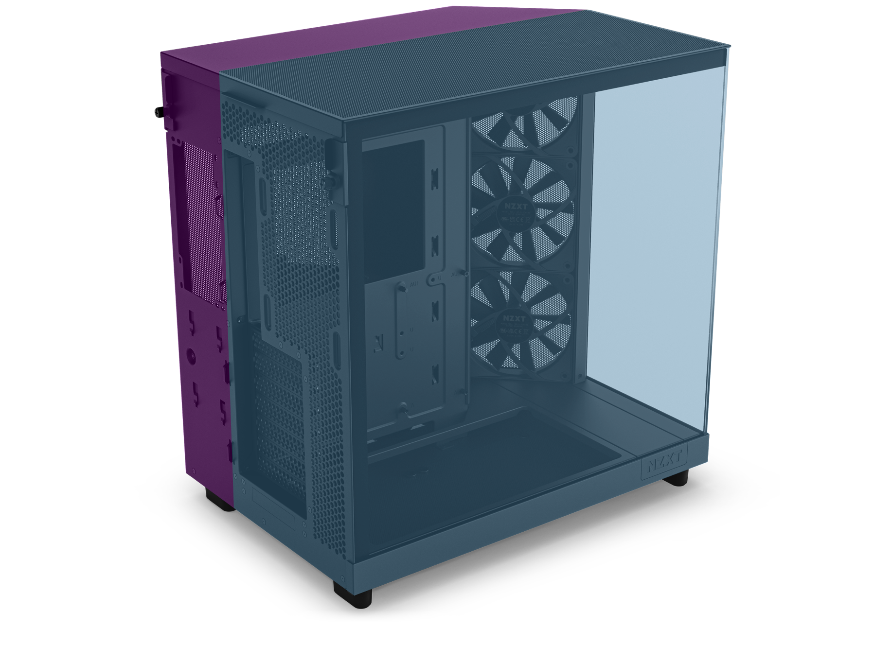 A computer case with its exterior panels highlighted in blue and purple, showing the internal structure, cooling fans, and mounting spaces for components. The side and front panels are translucent to reveal the inside.