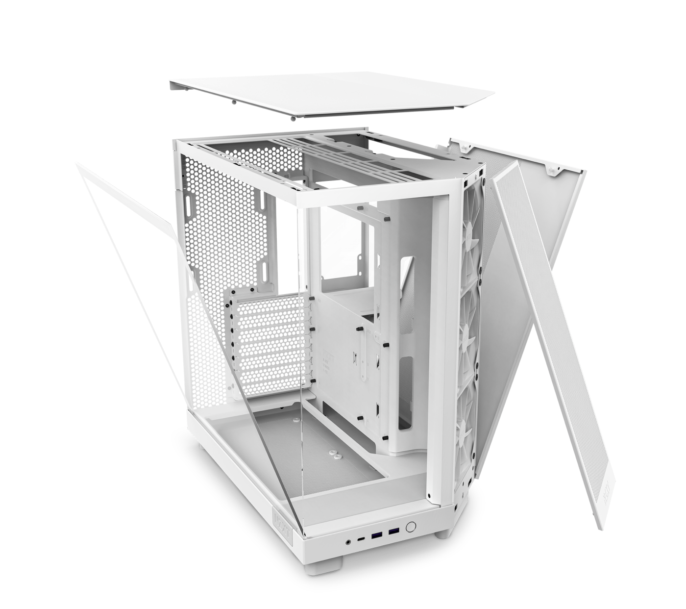 A white computer case shown in an exploded view, with its side, front, and top panels removed and separated, revealing the internal framework and mounting areas for components.