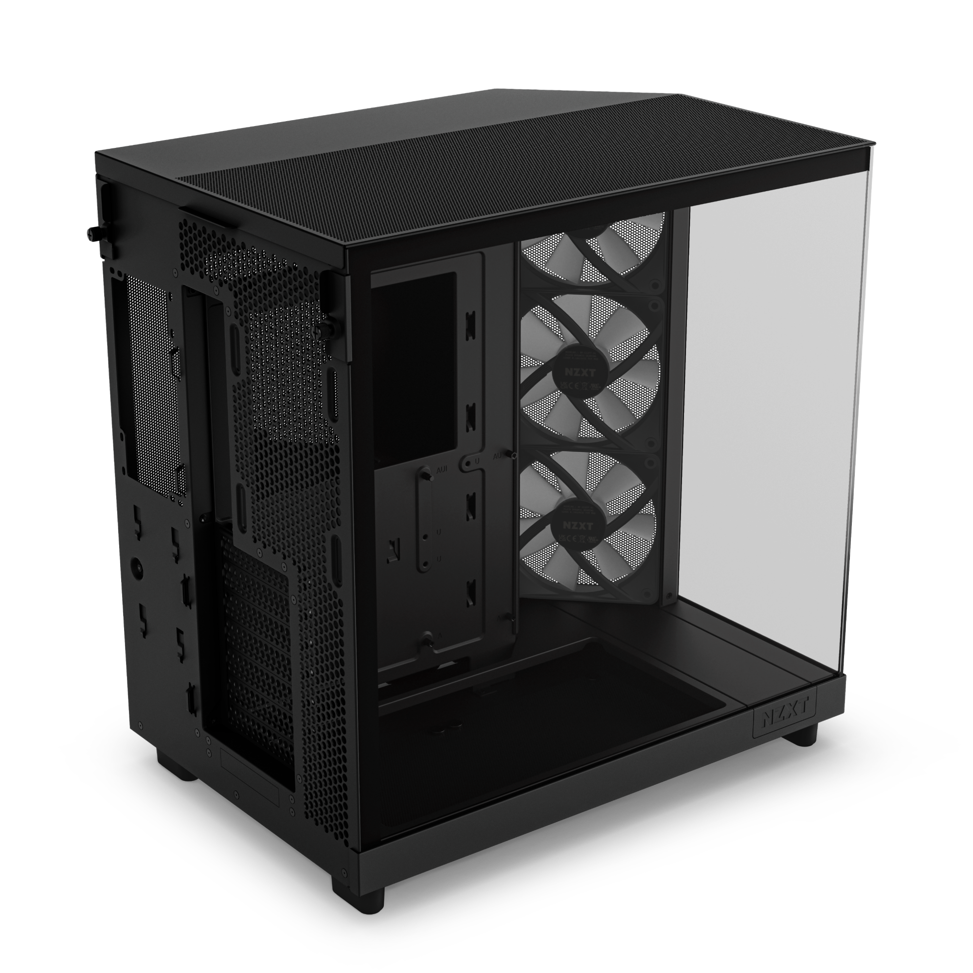 The NZXT H6 Flow RGB is a black PC case with a transparent side panel, featuring three vertically mounted RGB cooling fans at the front and an empty interior ready for your components.