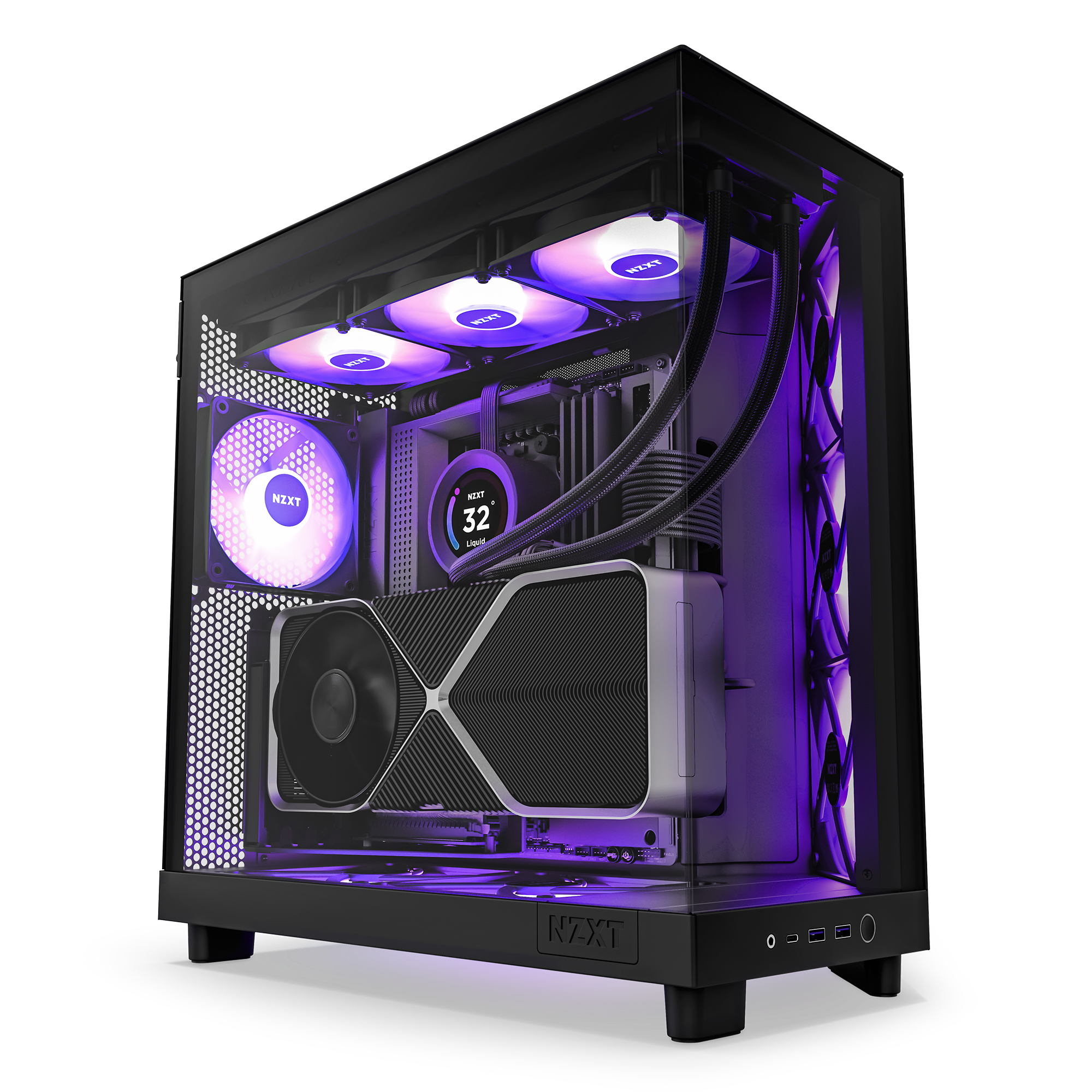 The NZXT H6 Flow RGB is a premium gaming PC case with vibrant RGB lighting, spacious GPU support, efficient cooling, and multiple illuminated fans, all showcased in a sleek black chassis with a transparent side panel.