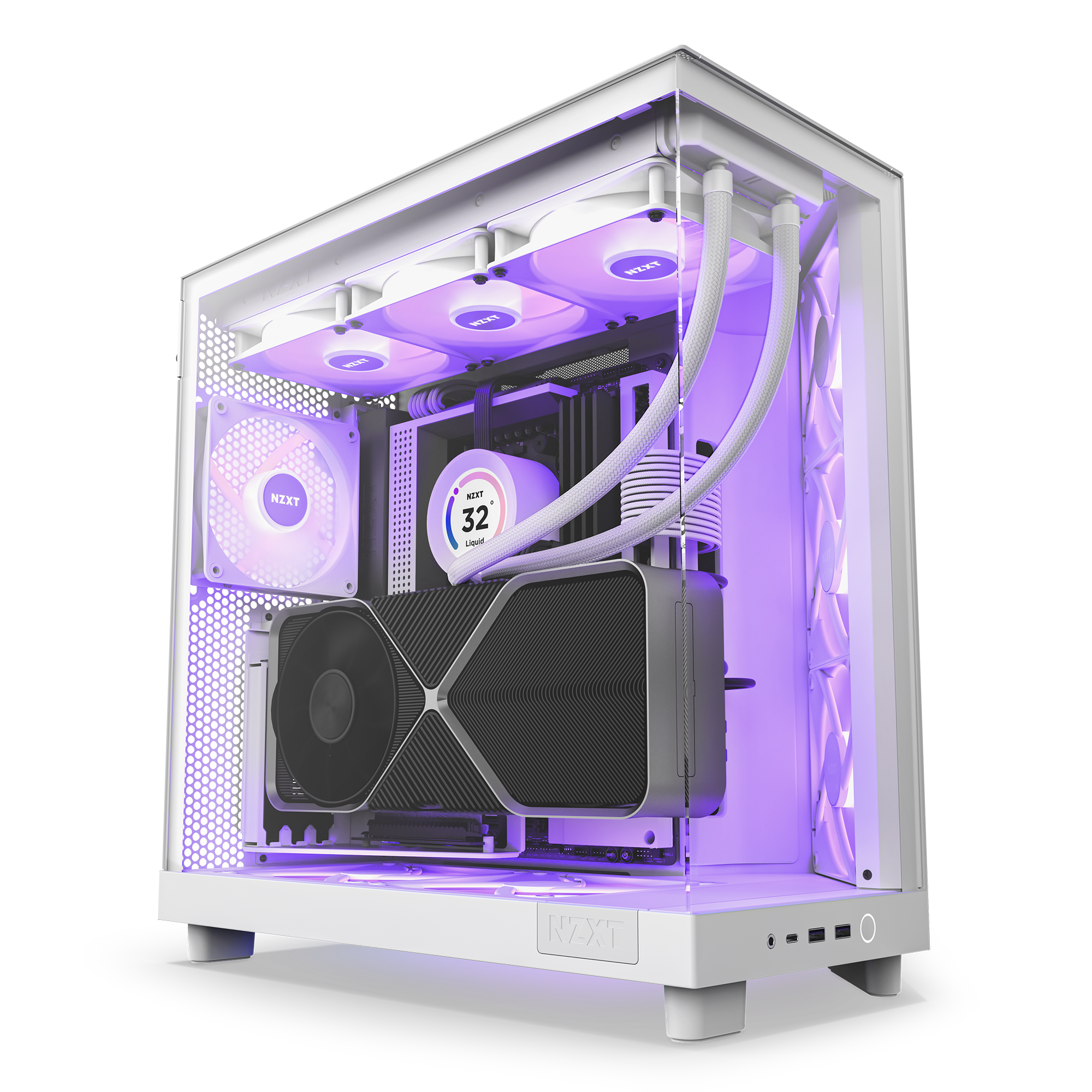 The NZXT H6 Flow RGB is a white gaming PC case with RGB lighting and a dual-chamber design that showcases your liquid cooling system, large graphics card, and purple-lit fans through its transparent side panel.