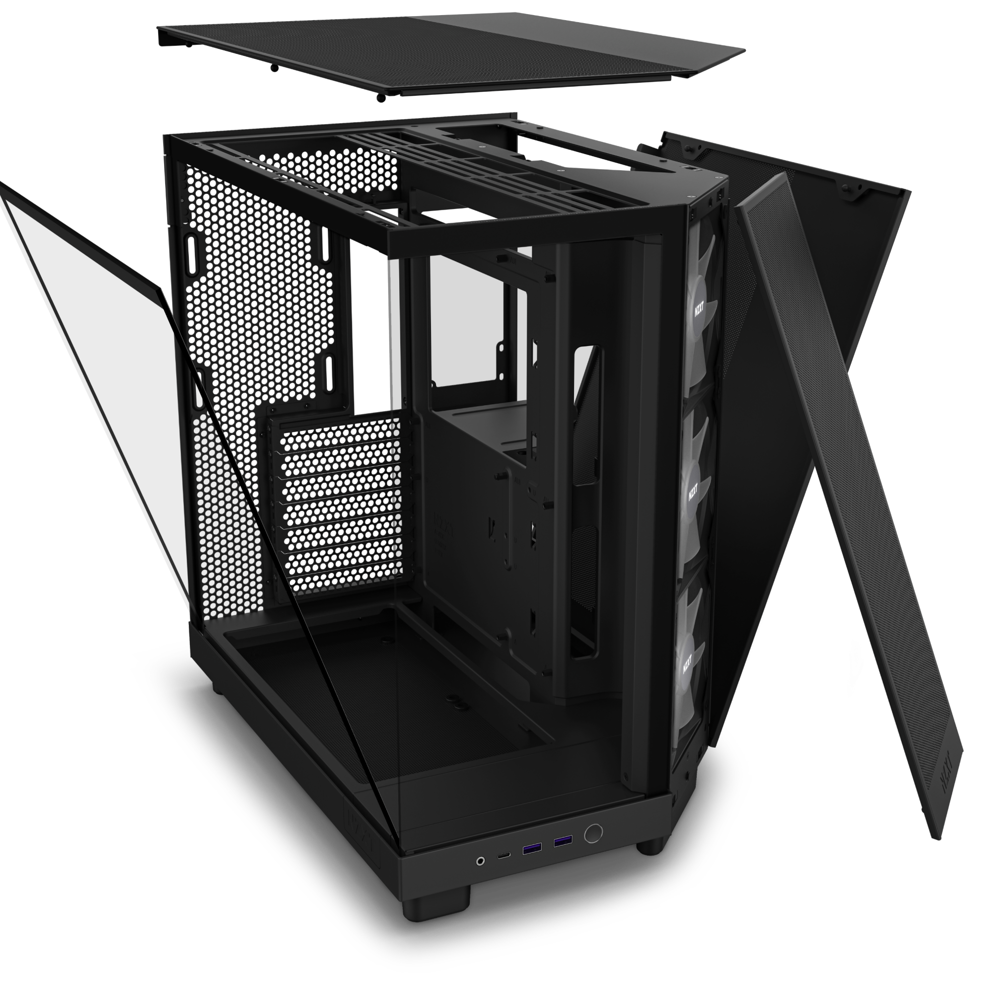 The NZXT H6 Flow RGB mid-tower case in black showcases an empty dual-chamber design, cooling fans at the front for improved GPU airflow, and bottom-positioned front I/O ports with its side, front, and top panels removed.
