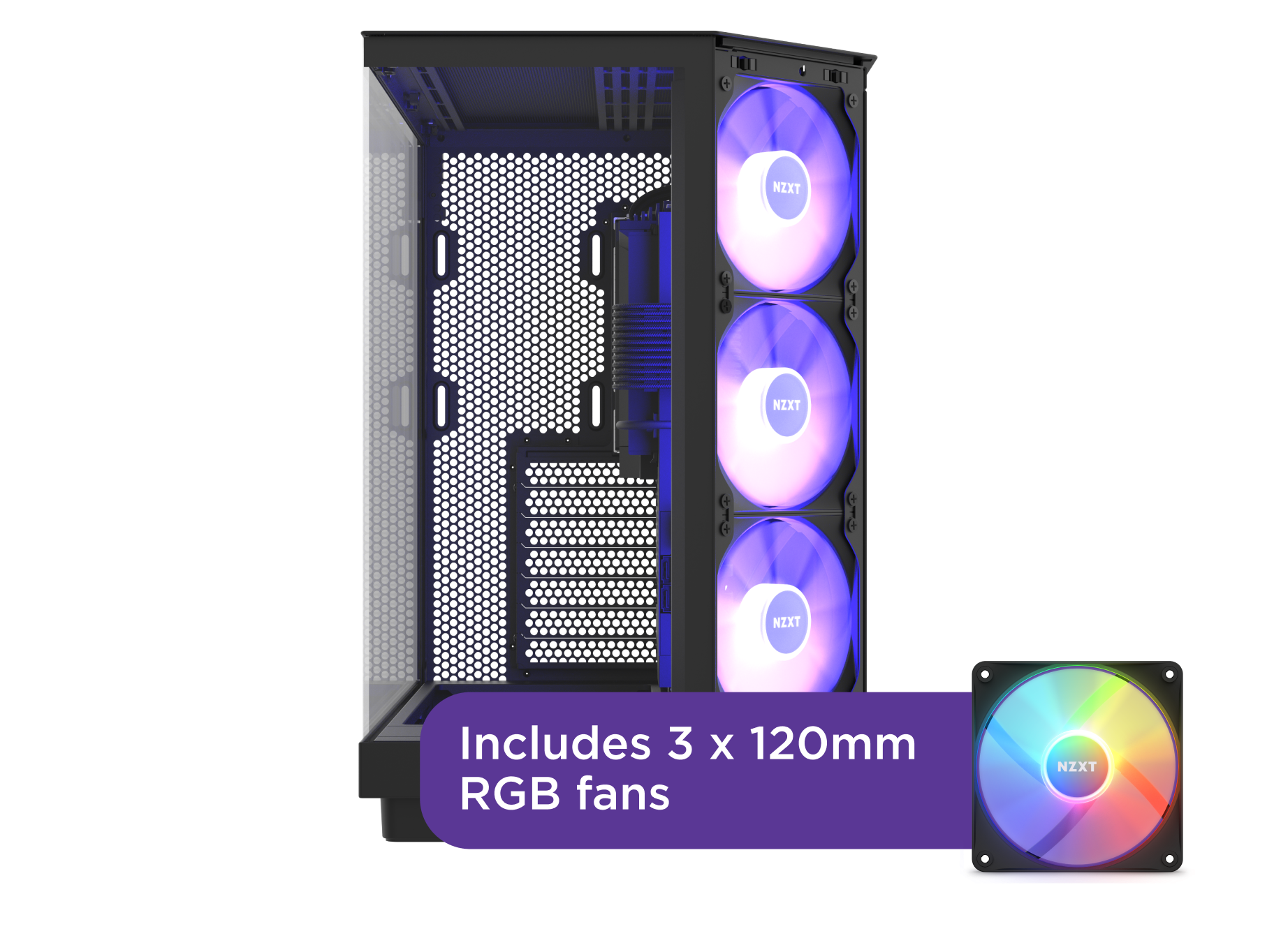 A computer case with a glass side panel and three installed 120mm RGB fans glowing in different colors, with a label stating Includes 3 x 120mm RGB fans.