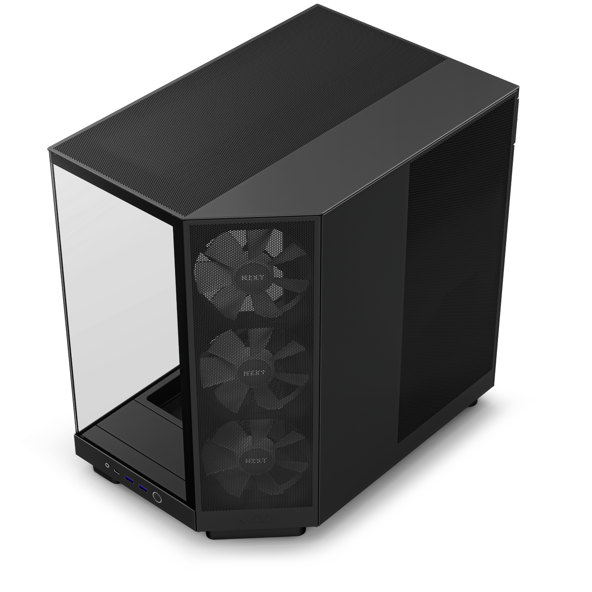 The NZXT H6 Flow RGB is a black, rectangular case with a glass side panel, three RGB NZXT front fans, mesh ventilation panels, GPU cooling support, and bottom front USB, audio, and power ports.