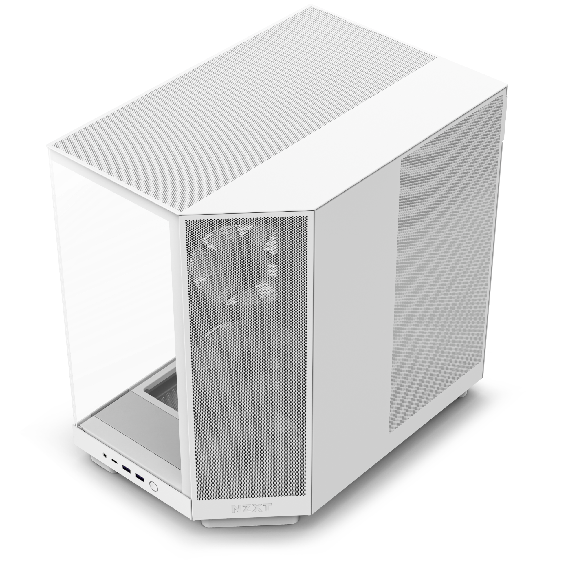 The NZXT H6 Flow RGB is a white, modern desktop case featuring a mesh front, two visible cooling fans for GPU cooling, a glass side panel, and front I/O ports with USB and audio jacks.