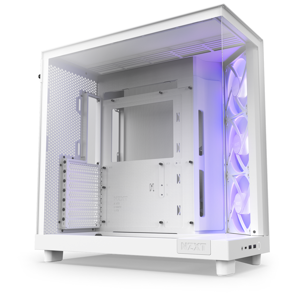 NZXT H6 Flow RGB case in white with RGB fans lit, angled view