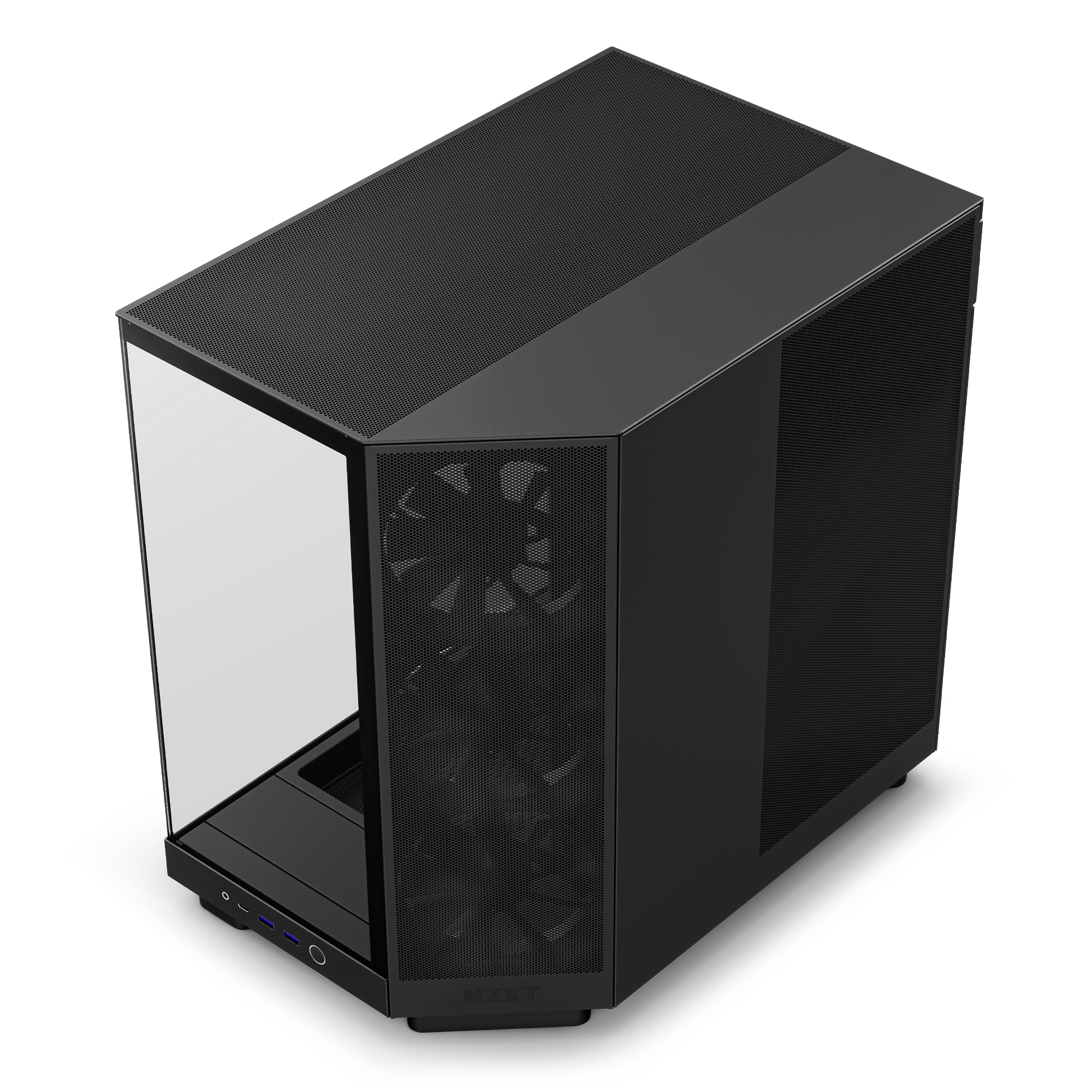 The NZXT H6 Flow is a sleek black case with a tempered panoramic glass side, mesh front and top panels, dual large front fans for enhanced GPU cooling, bottom-front ports, and a modern minimalist design.
