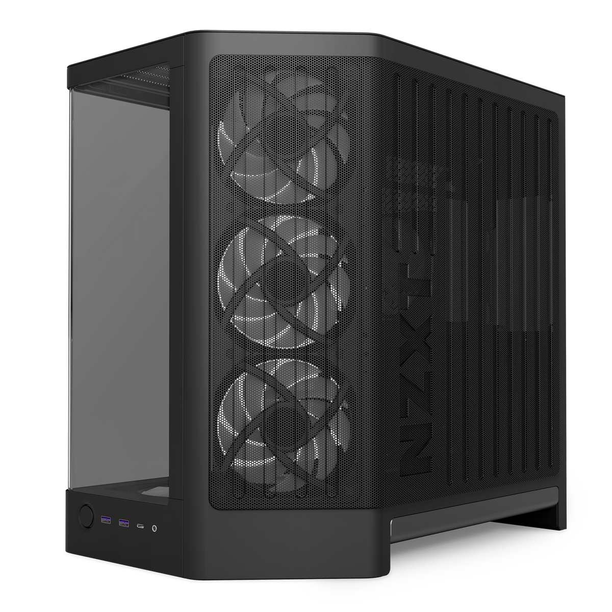 NZXT H6 RGB+ black, three-quarter view of the right side and its mesh panel