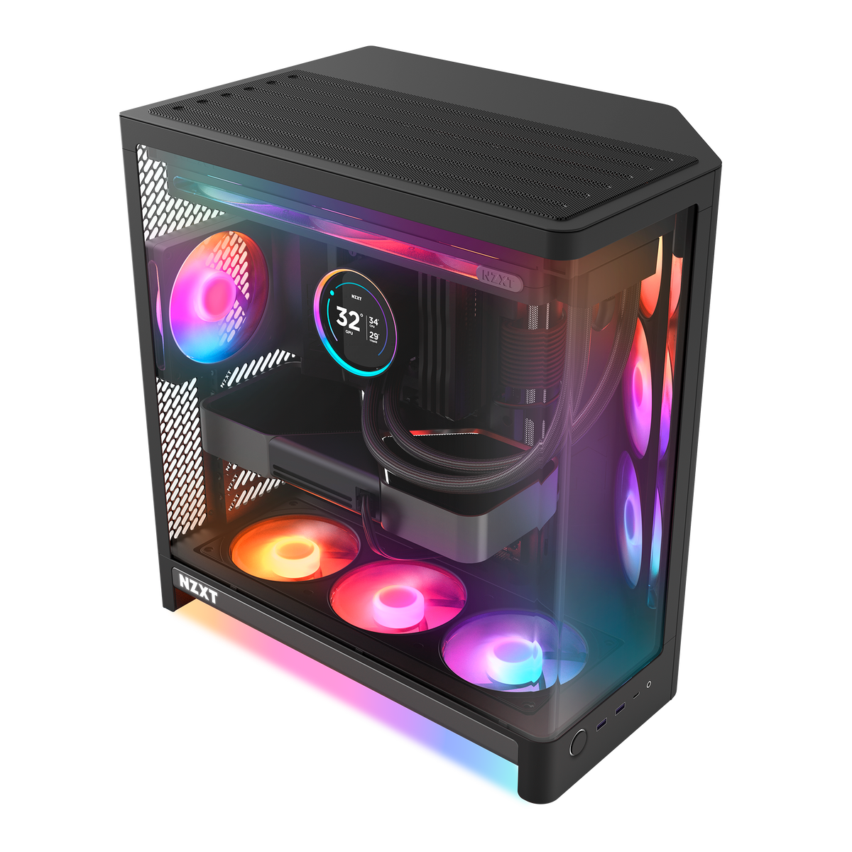 NZXT H6 RGB+ black, overhead view with the RGB fans lit in the side and bottom mounts