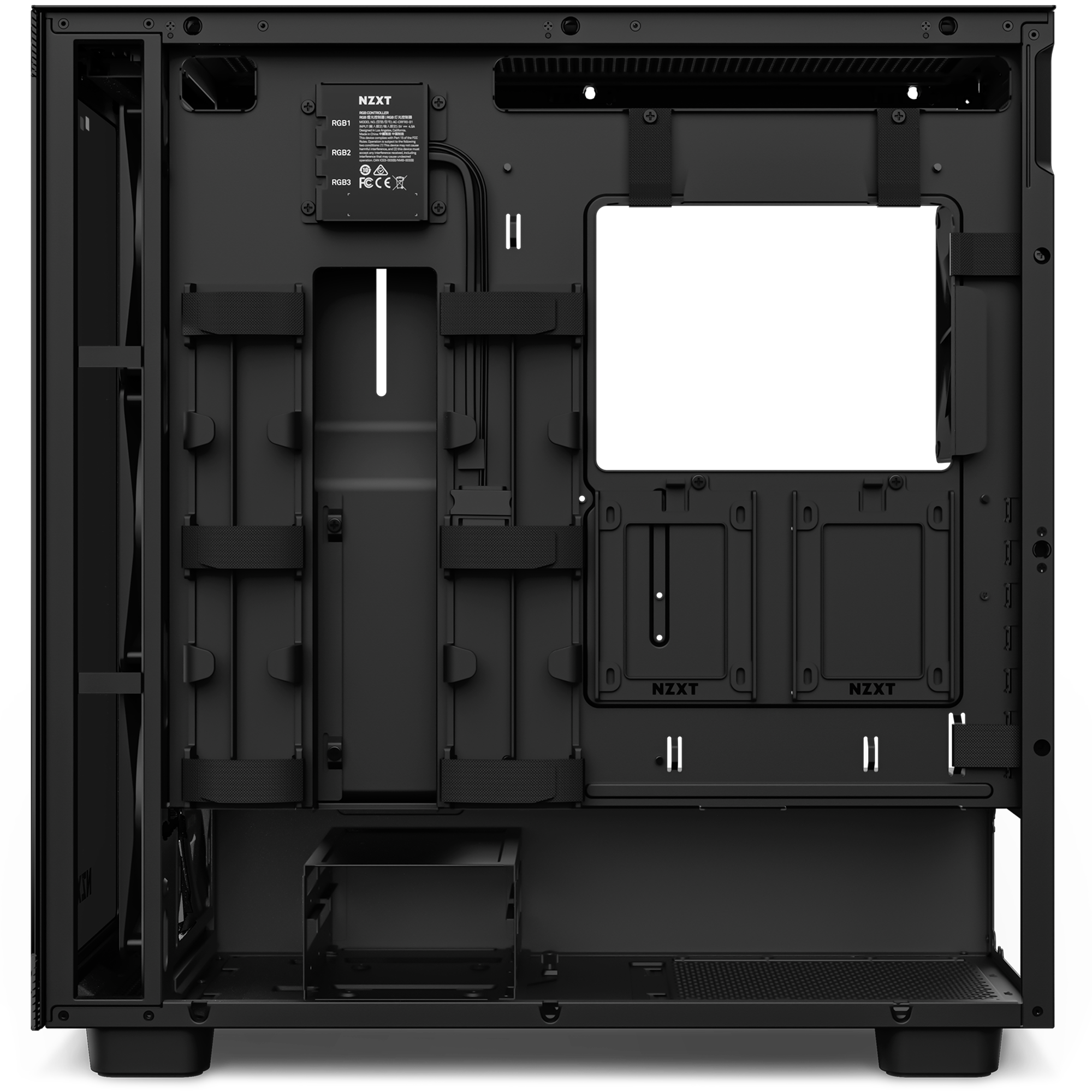 The NZXT H7 Elite is a black mid-tower case featuring an open side panel, a tempered glass front, internal mounting points for drives and motherboard, and an intuitive cable management system with straps and brackets. No components are installed.