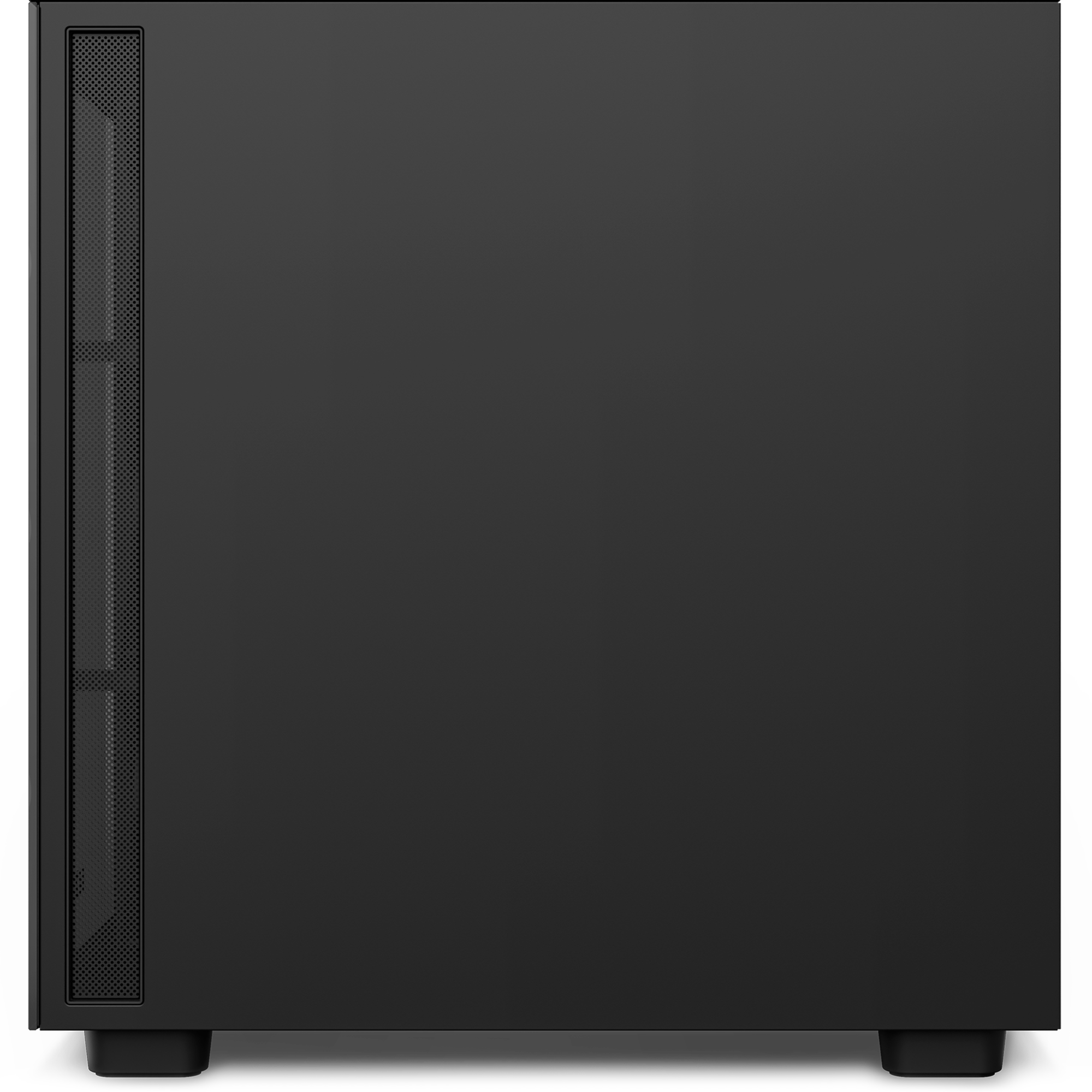 The NZXT H7 Elite is a black computer tower case with a minimalist design, vertical mesh vent on the left, four corner feet, and an intuitive cable management system for easy organization.