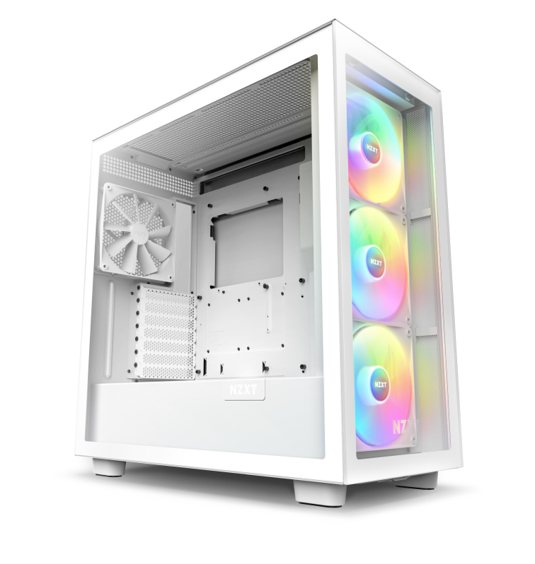 A white NZXT computer case with a transparent side panel, showing three front RGB fans glowing in rainbow colors and one rear white fan; the case is empty with internal mounts visible.