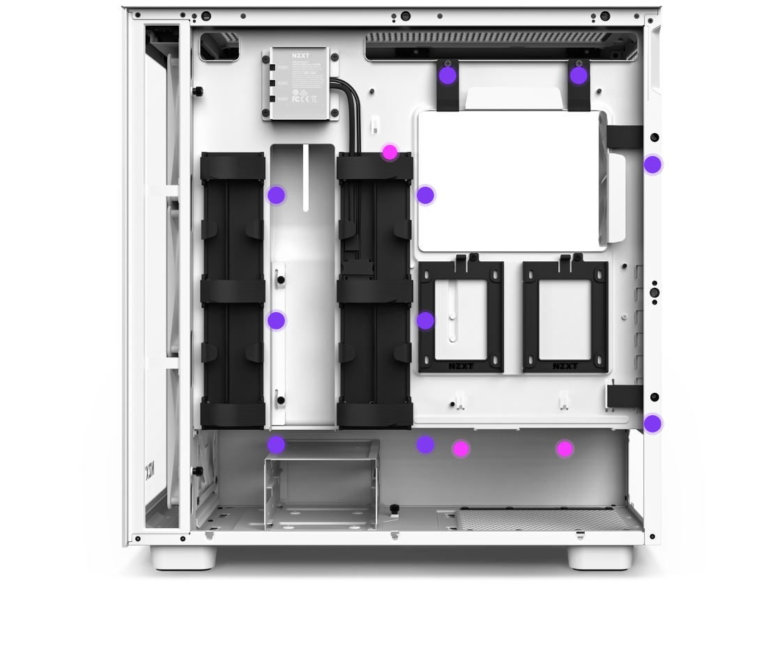A white computer case interior is shown with several black mounting brackets and trays. Purple dots highlight various screw and mounting points throughout the case. The side panel is removed, revealing the spacious layout.