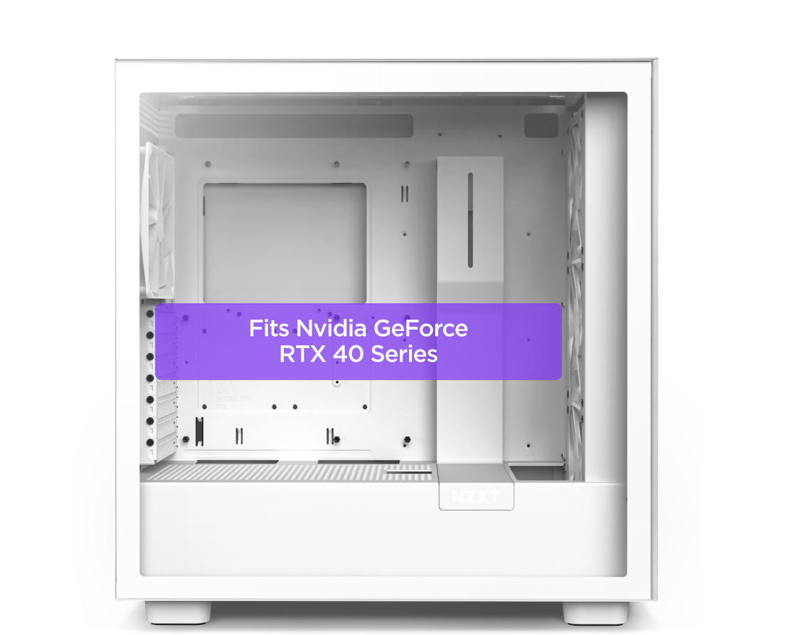 A white computer case with a transparent side panel, displaying the inside. A purple label across the middle reads Fits Nvidia GeForce RTX 40 Series.