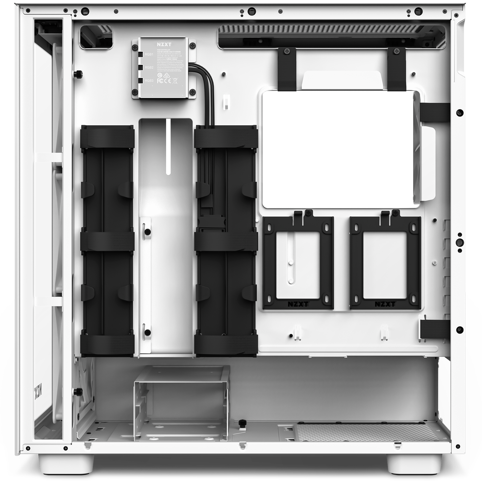 The NZXT H7 Elite is a white mid-tower case featuring a tempered glass front, open side panel, intuitive cable management, two SSD trays, an empty PSU shroud, and ample space for more components.