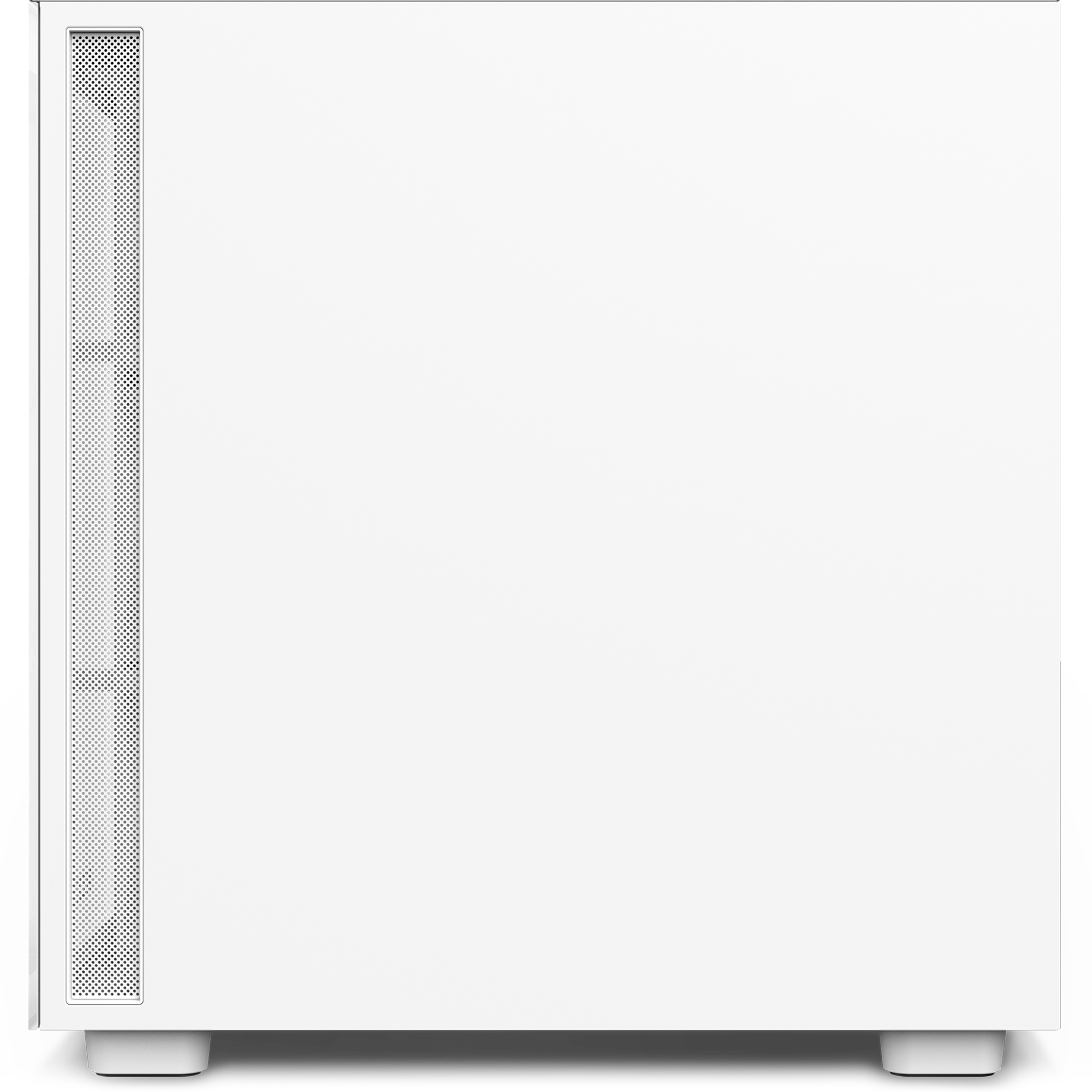 The NZXT H7 Elite is a minimalist white computer case with a solid side panel, vertical mesh ventilation on the left edge, short feet for elevation, and an intuitive cable management system for a tidy build.