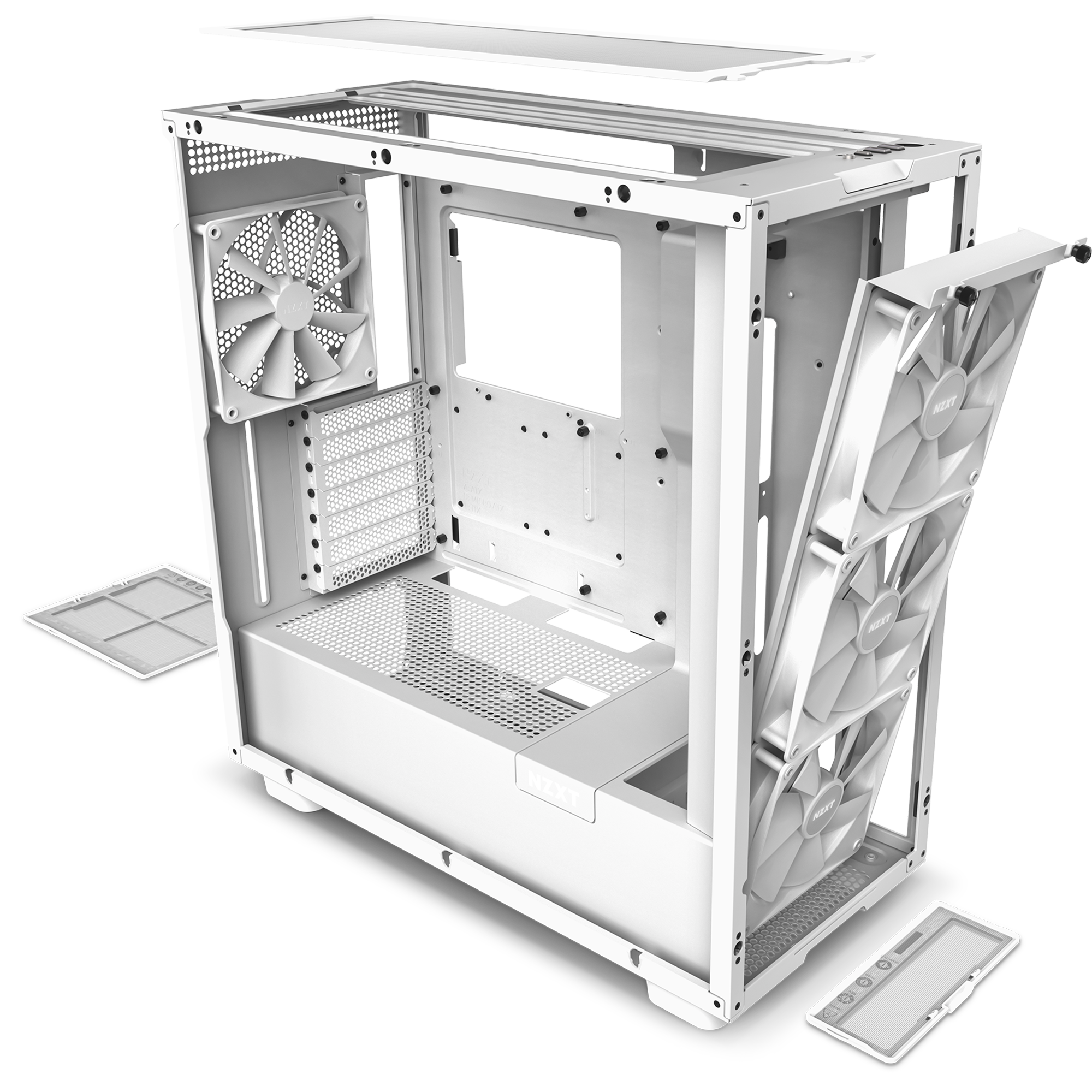 The NZXT H7 Elite, a white computer case, features an open side panel showing fan mounts, dust filters, internal compartments, and easy cable management. Front and bottom filters are removed and placed nearby; two large front fans are visible.