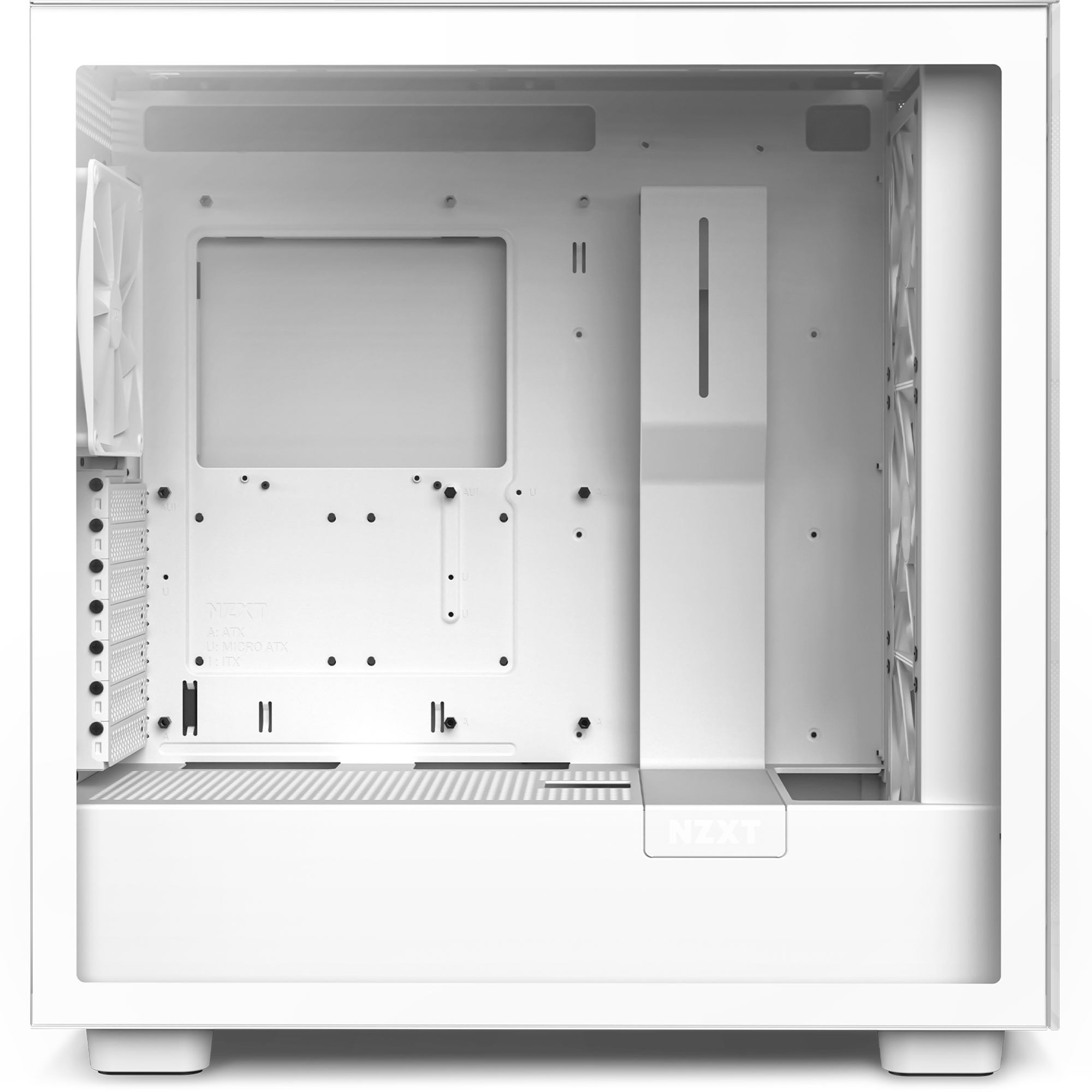 The Refurbished Player Three Base - #8526 by NZXT is a white mid-tower PC case with open interior, cable management channels, pre-installed rear exhaust fan, and multiple side-visible expansion slots—ideal for prebuilts and certified refurbished systems.