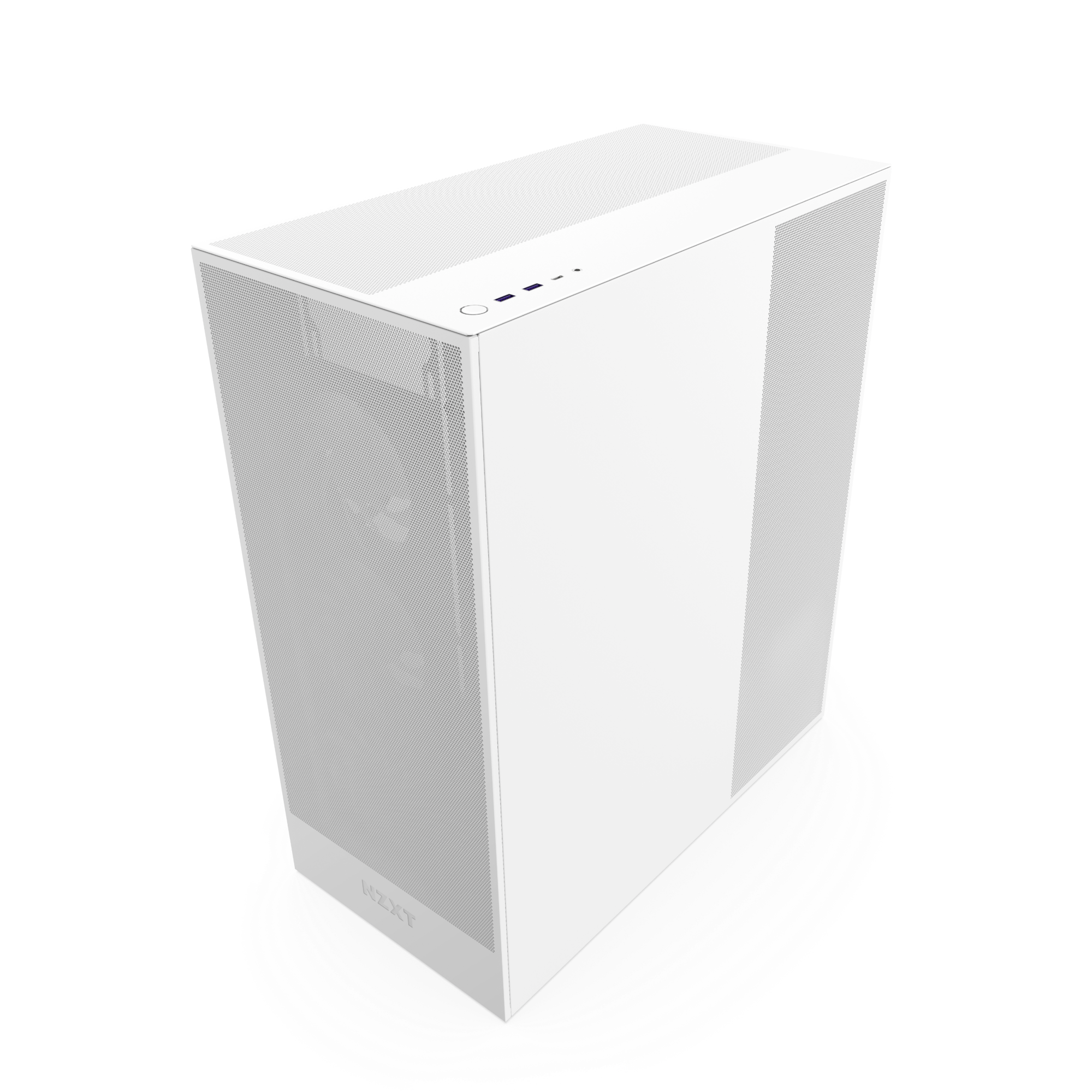 The NZXT H7 Flow is a white, rectangular mid-tower PC case with a minimalist design, high-performance mesh panels for superior GPU cooling, and top I/O ports for power, USB, and audio connectivity.